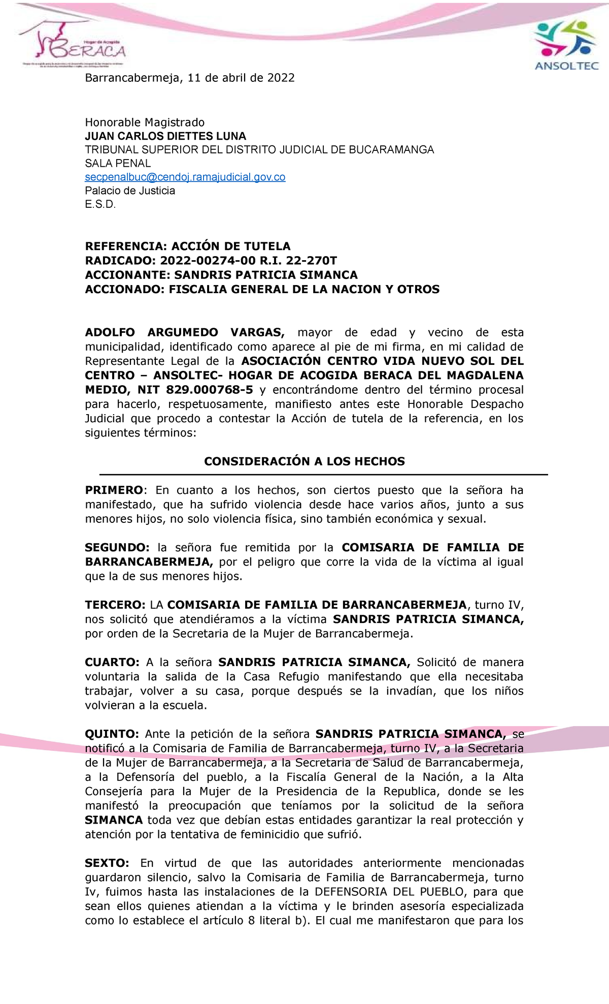 Contestacion Tutela Sandris Simanca - Barrancabermeja, 11 de abril de ...