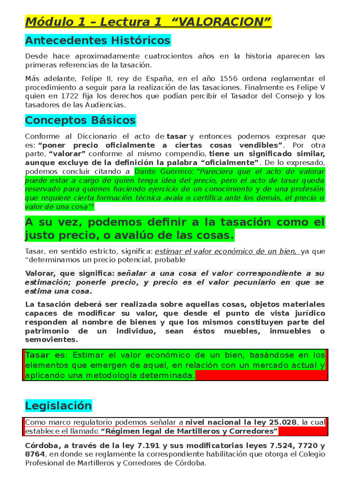 Resumen Tasaciones Modulos 1 - Módulo 1 – Lectura 1 “VALORACION ...