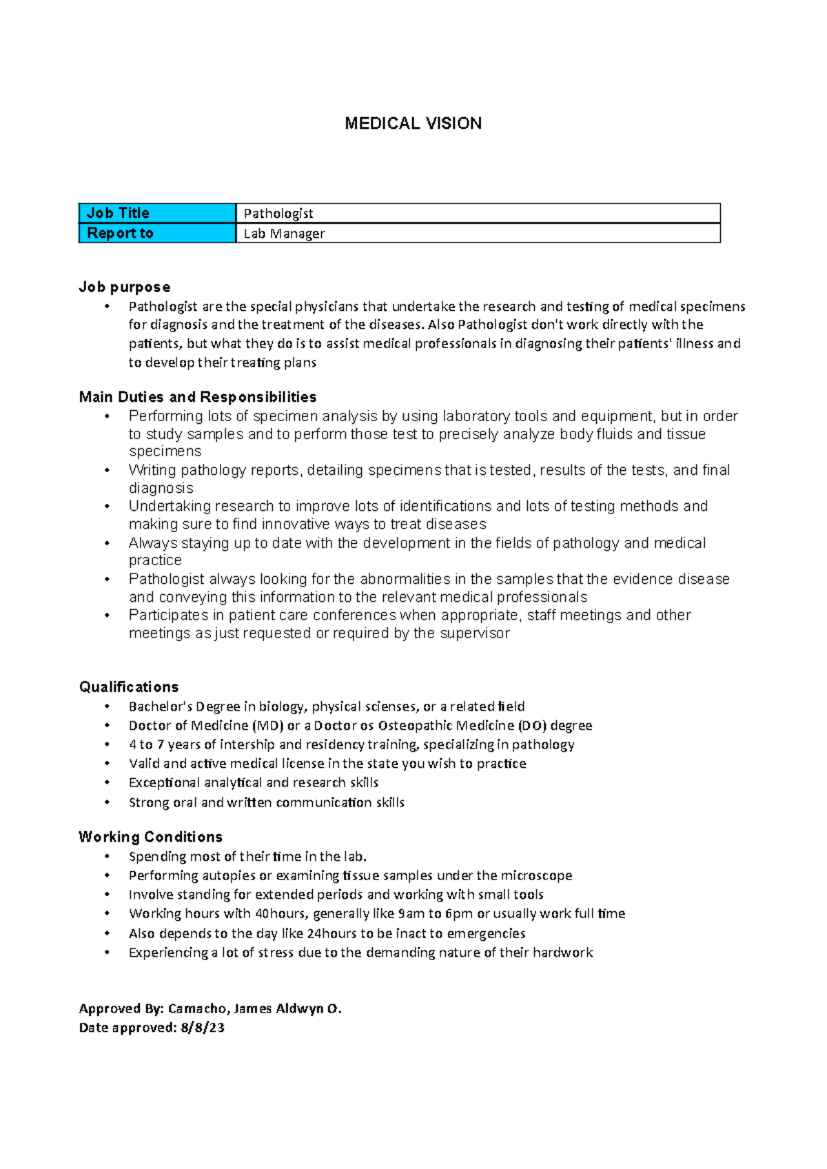 671718019 JOB Description Pathologist - MEDICAL VISION Job Title ...
