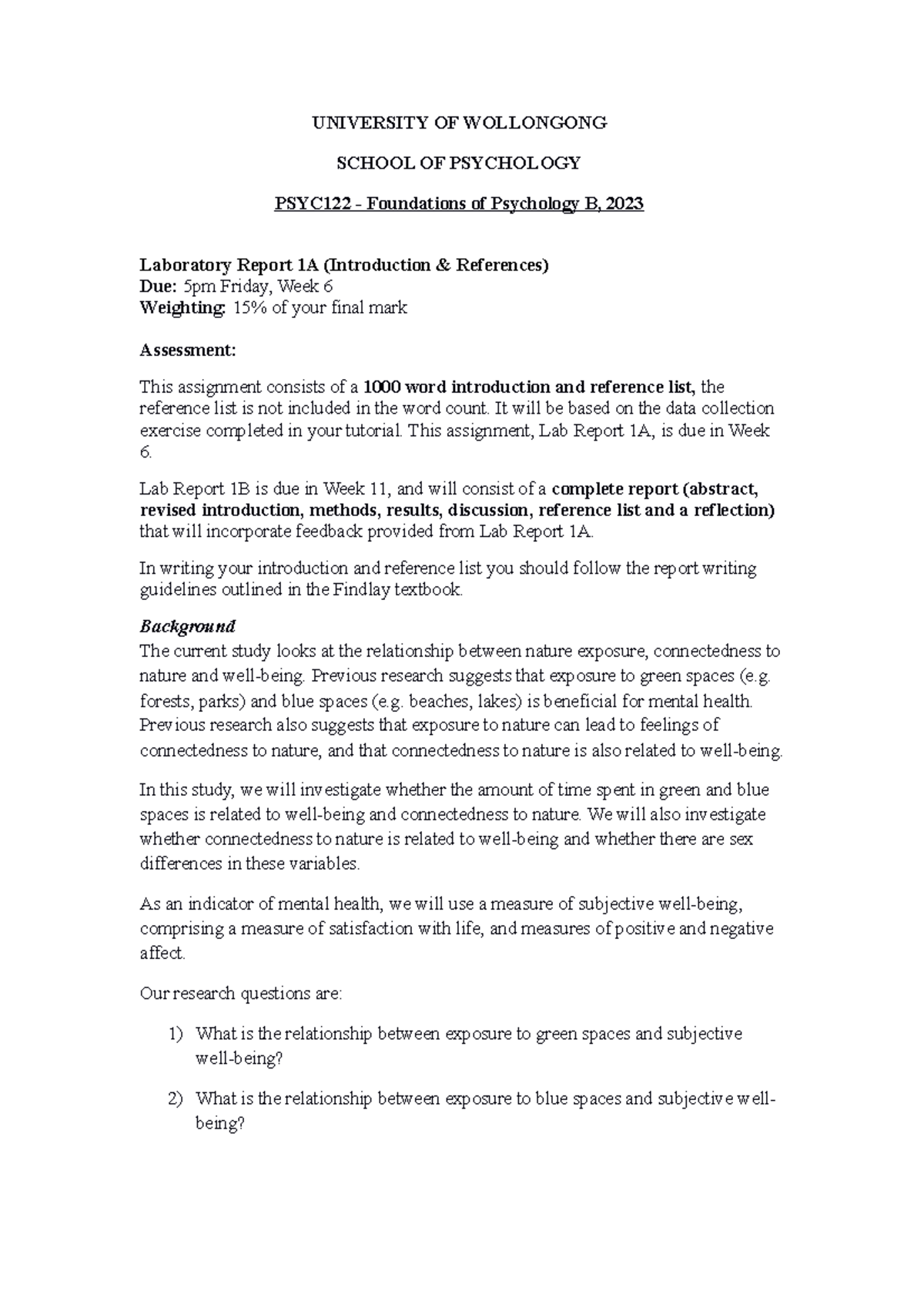 PSYC122 Lab Report 1A Handout 2023 - UNIVERSITY OF WOLLONGONG SCHOOL OF ...