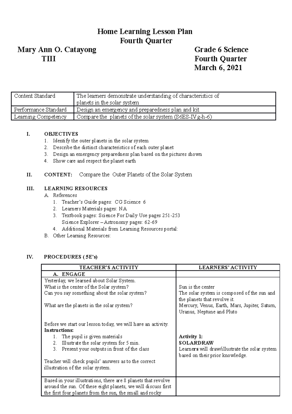 COT - light - Home Learning Lesson Plan Fourth Quarter Mary Ann O ...