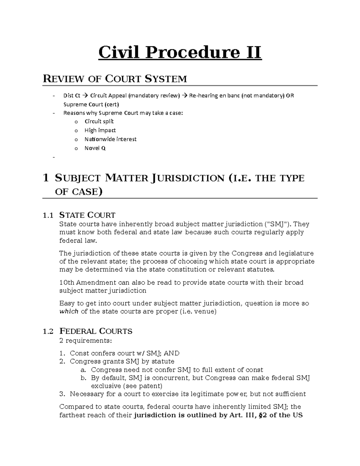 Civil Procedure II Outline 2021 - Civil Procedure II REVIEW OF COURT ...