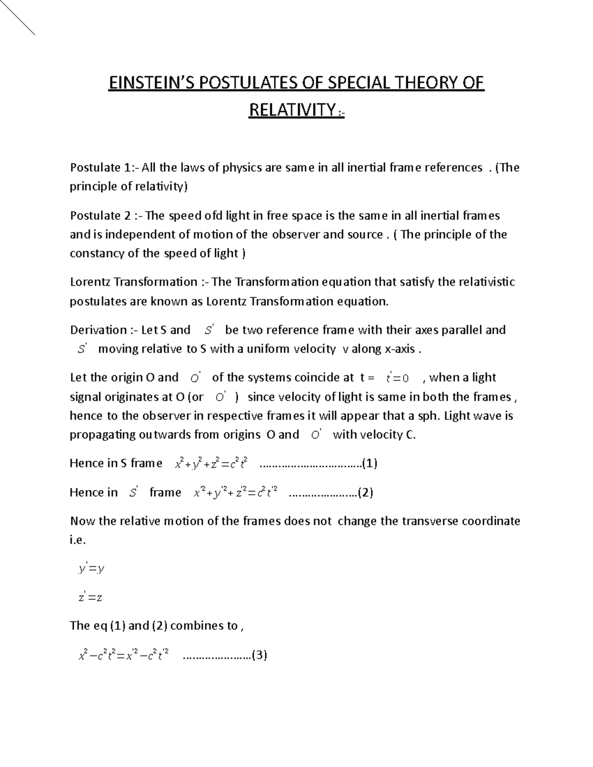 Einstein Postulates - POSTULATES OF SPECIAL THEORY OF RELATIVITY ...