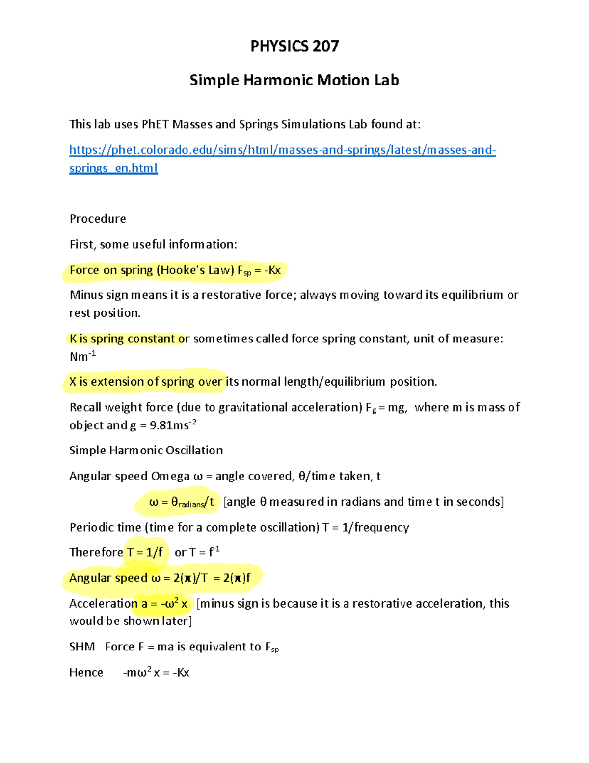 Physics Lab 6 Harmonic Motion Simple Harmonic Motion Lab This lab