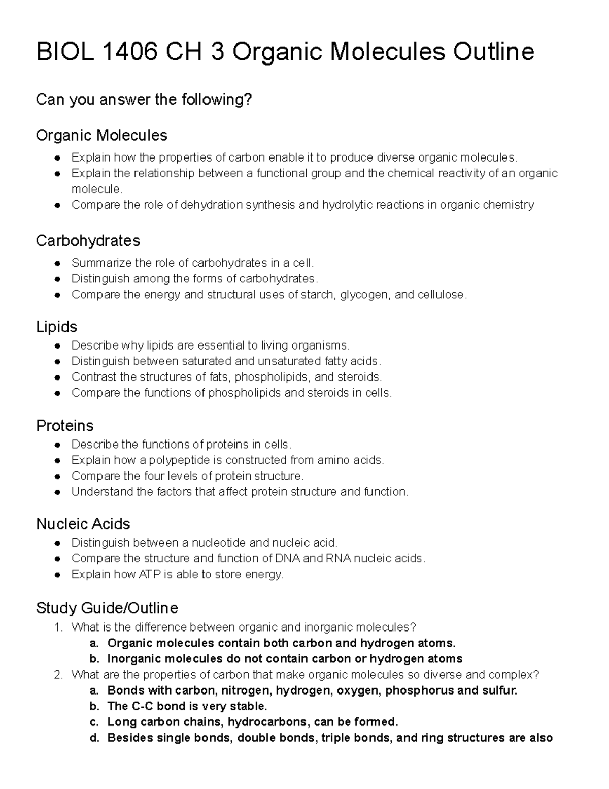 BIOL 1406 CH 3 Organic Molecules Outline - BIOL 1406 CH 3 Organic ...