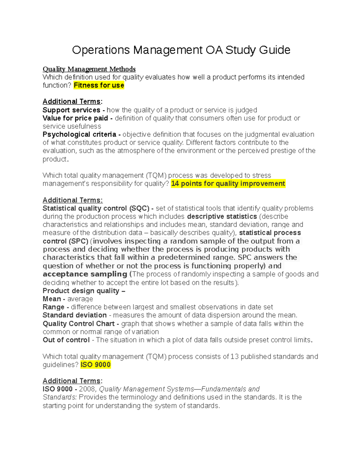 C215 - Operations Management OA Study Guide - Operations Management OA ...