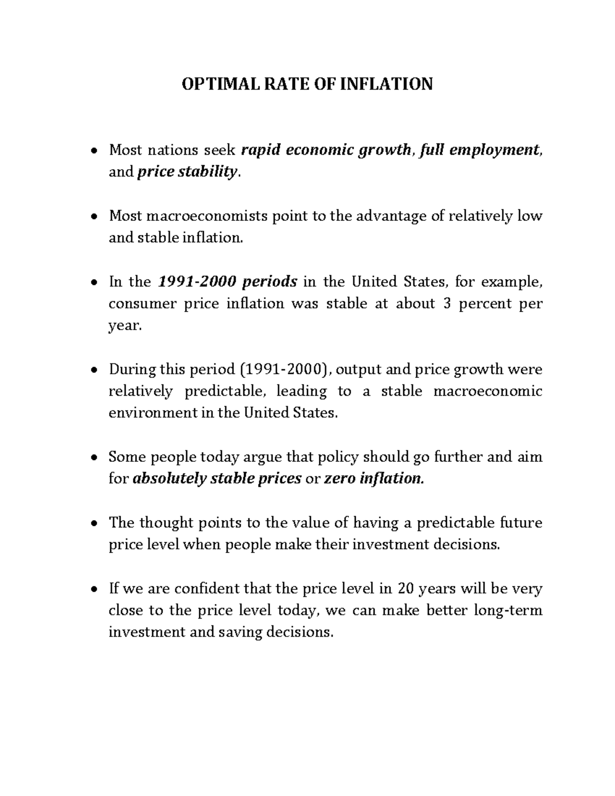 Optimal rate Of Inflation OPTIMAL RATE OF INFLATION Most nations seek rapid economic growth