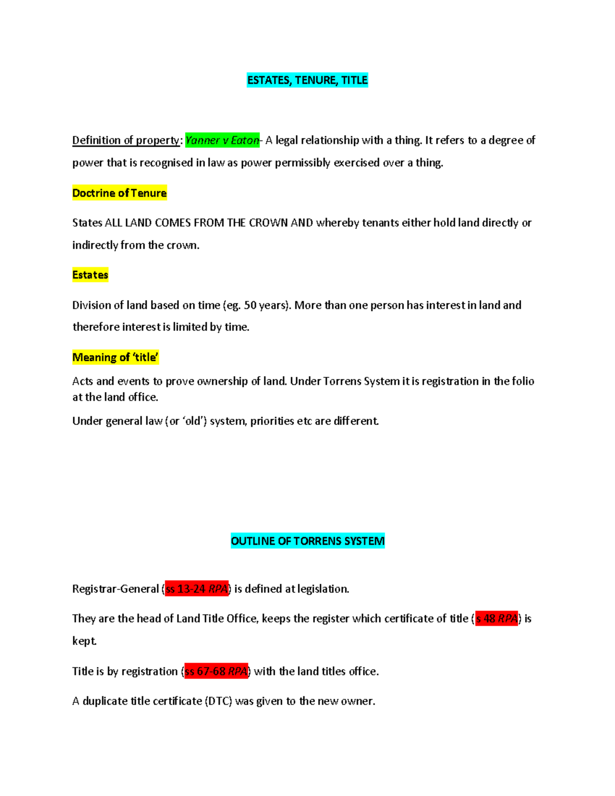 Real Property Exam Notes ESTATES, TENURE, TITLE Definition of