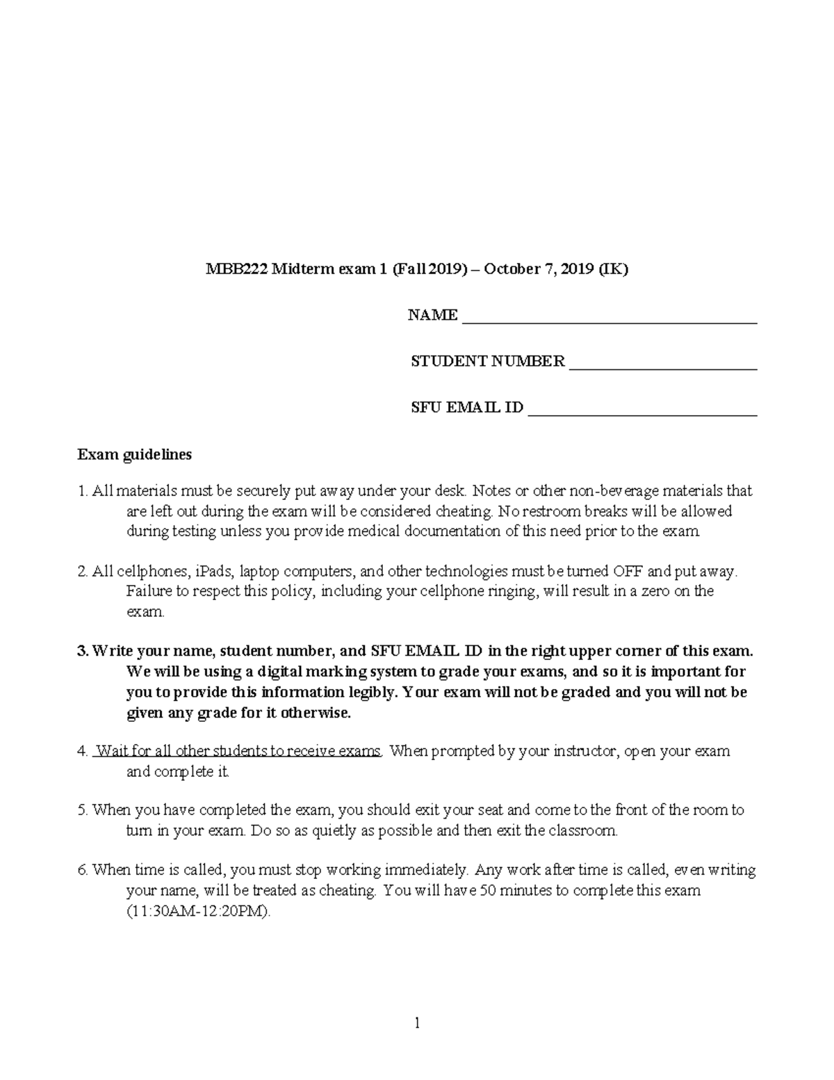 Midterm 1 7 October 2019, questions and answers - MBB222 Midterm exam 1 ...