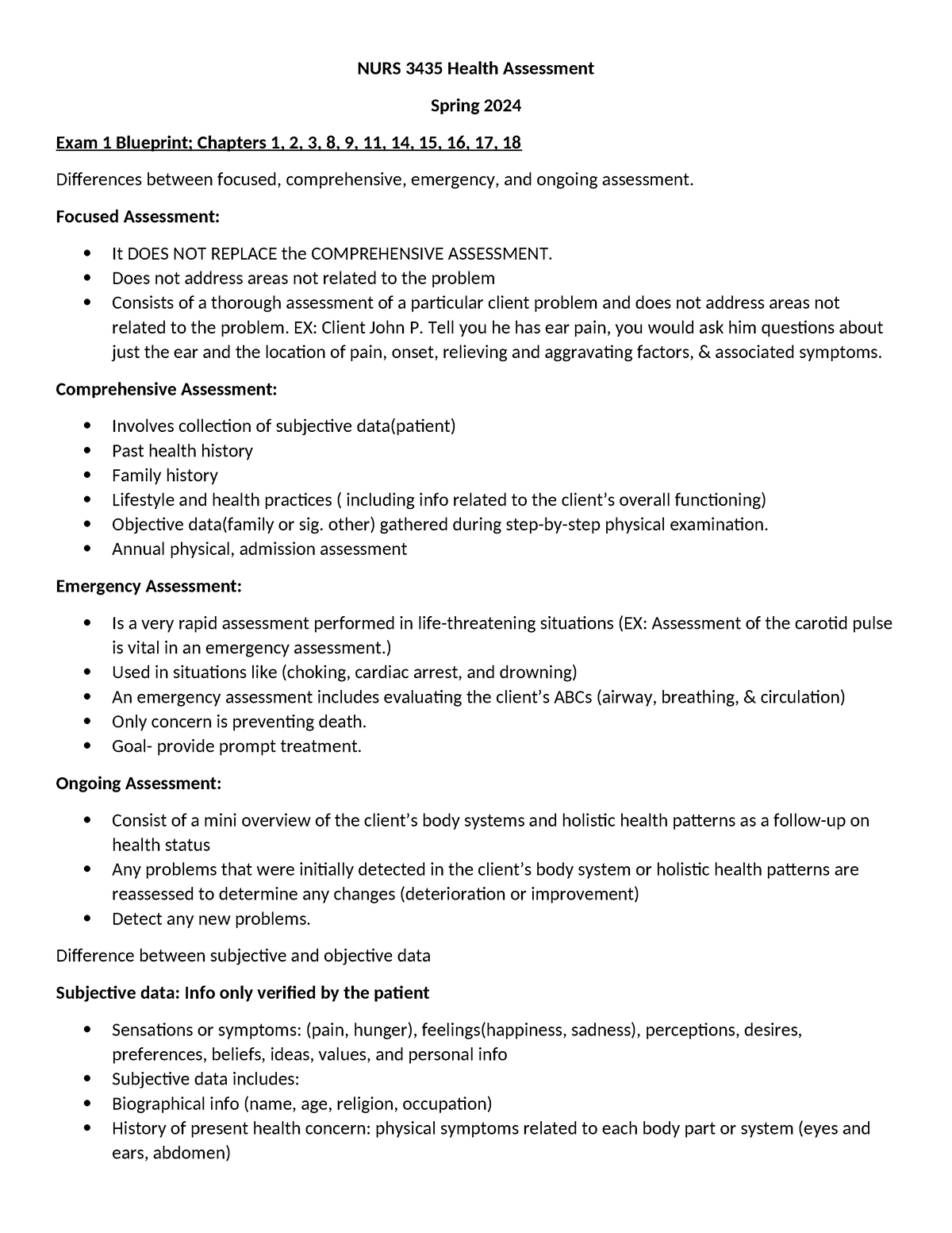 Exam 1 blueprint Spring 24 - NURS 3435 Health Assessment Spring 2024 ...