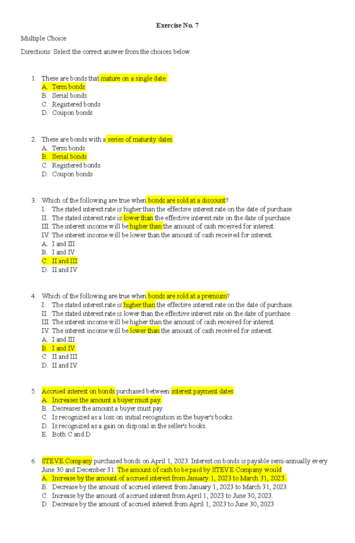 Exercise NO. 7 - Reviewer - Exercise No. 7 Multiple Choice Directions ...