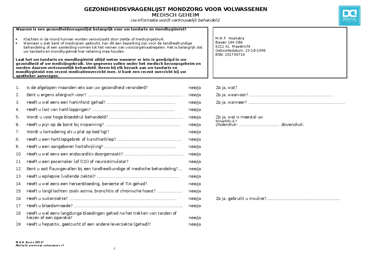 Z Alg Medische Anamnese Volwassenen Gezondheidsvragenlijst Mondzorg