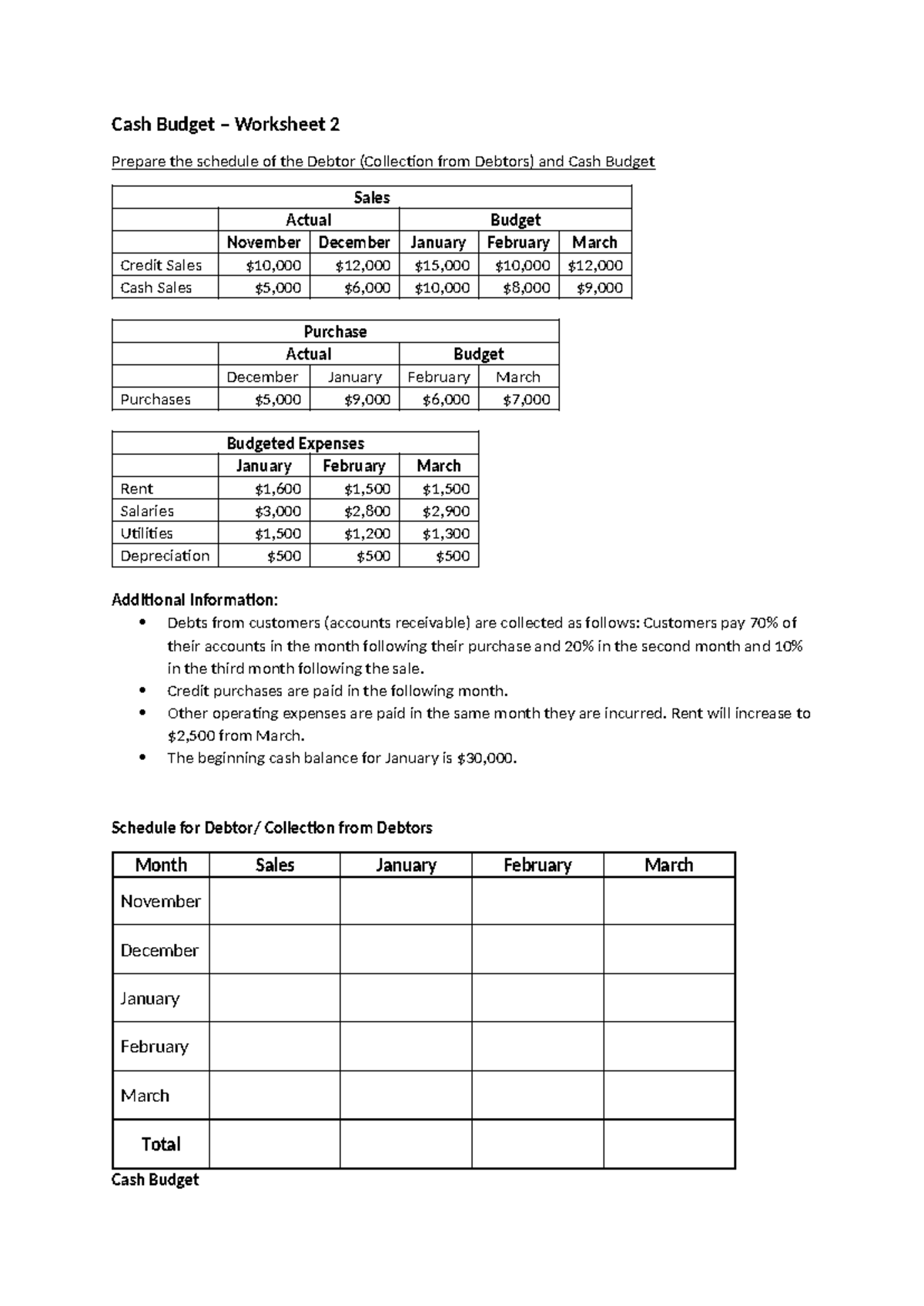 Cash%20Budget Worksheet 2 - Cash Budget – Worksheet 2 Prepare the ...