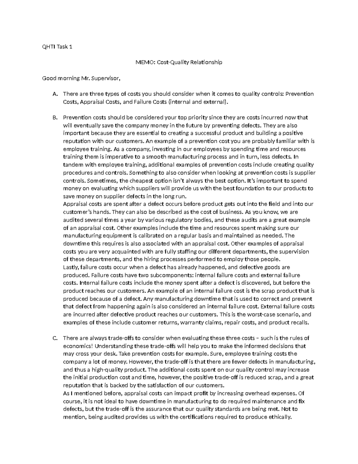 QHTI Task 1 - First Pass No Revisions - QHTI Task 1 MEMO: Cost-Quality ...