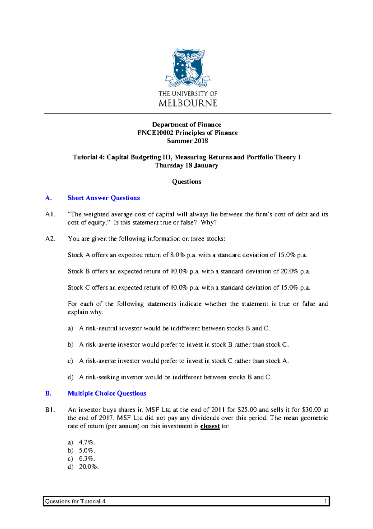 FNCE10002-Tutorial 04-Questions-Summer 2018 - Department of Finance ...