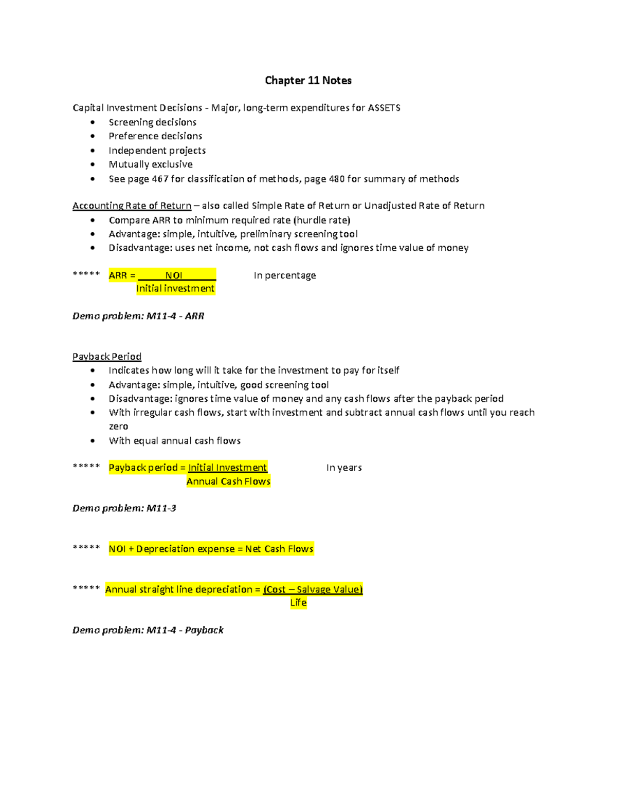 Chapter 11 Notes Capital Investment Decisions - Studocu