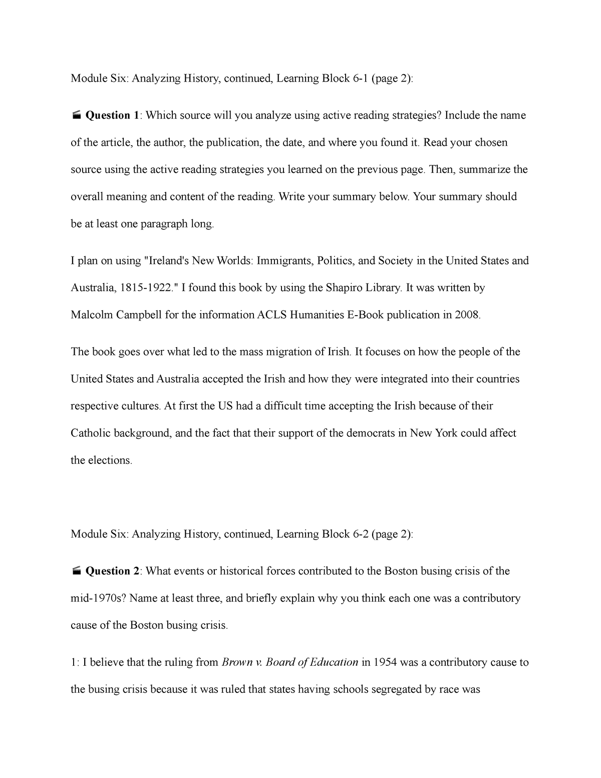 6 2 Module Six Short Responses Module Six Analyzing History Continued Learning Block 6 1 6637