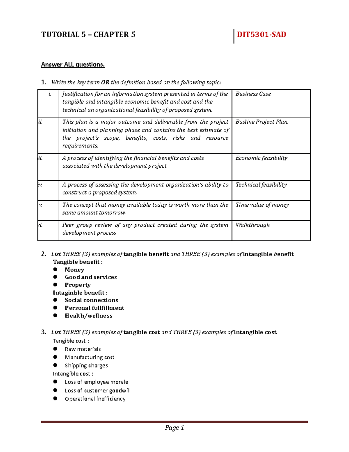 Tutorial 5 Copy dwc Answer ALL questions. 1. Write the key term OR the definition based on