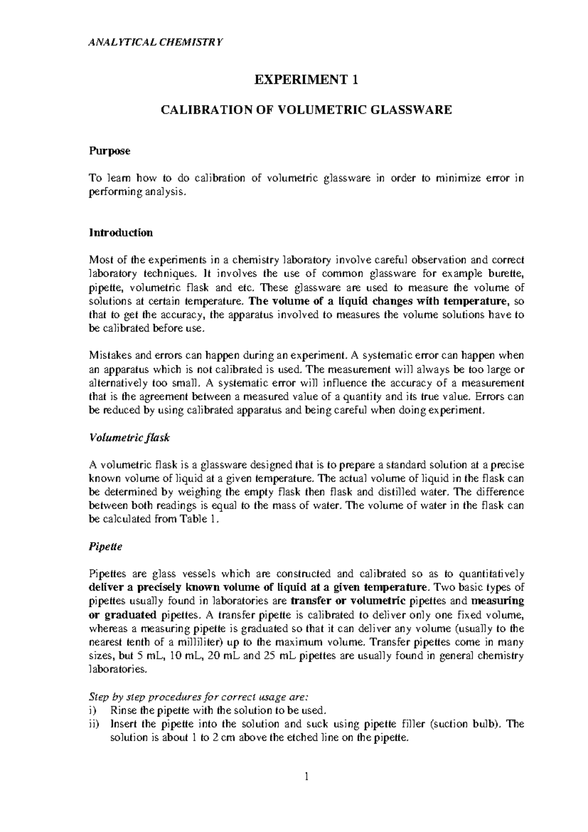 CHM256 Exp 1 Lab Report - EXPERIMENT 1 CALIBRATION OF VOLUMETRIC ...