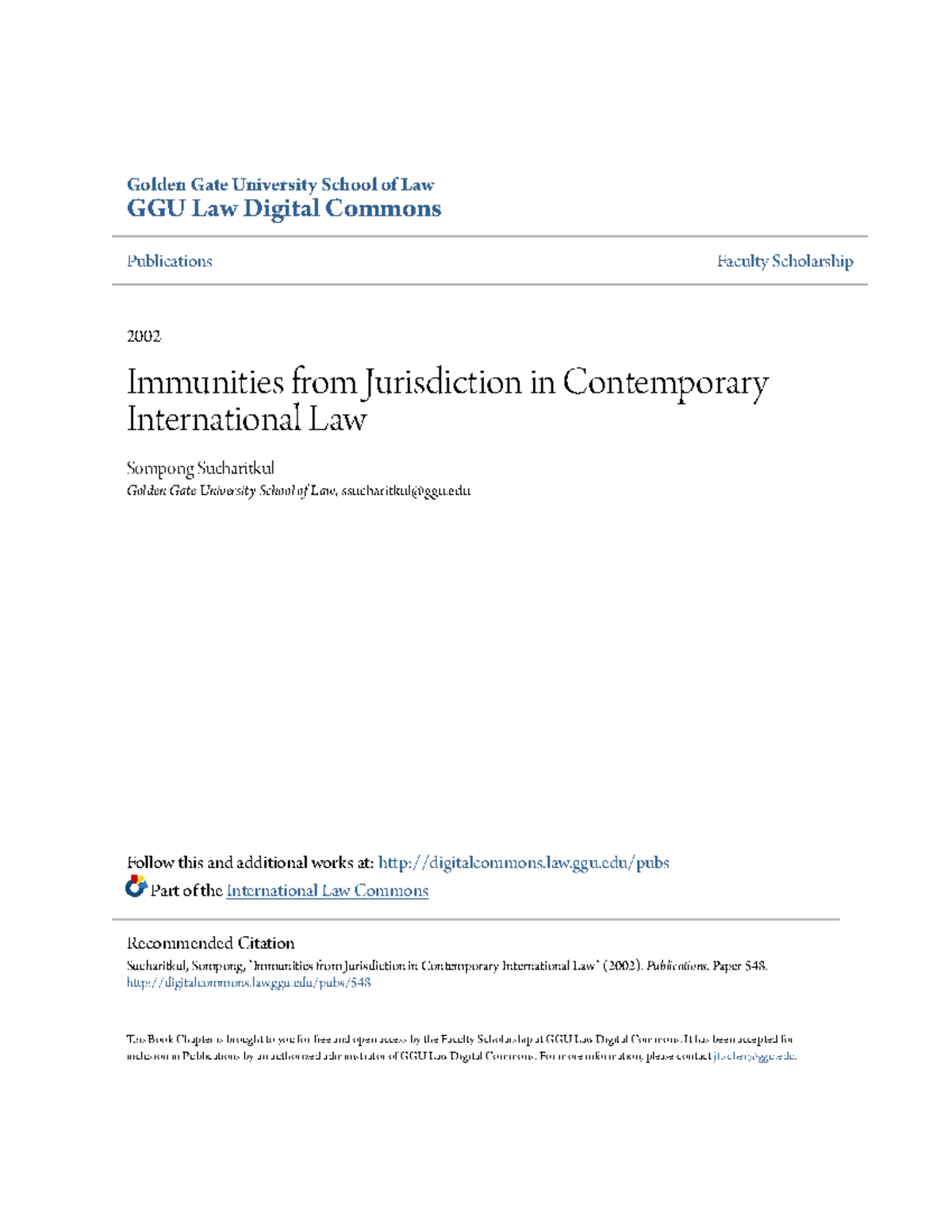 Immunities from Jurisdiction in Contemporary International Law - Golden ...