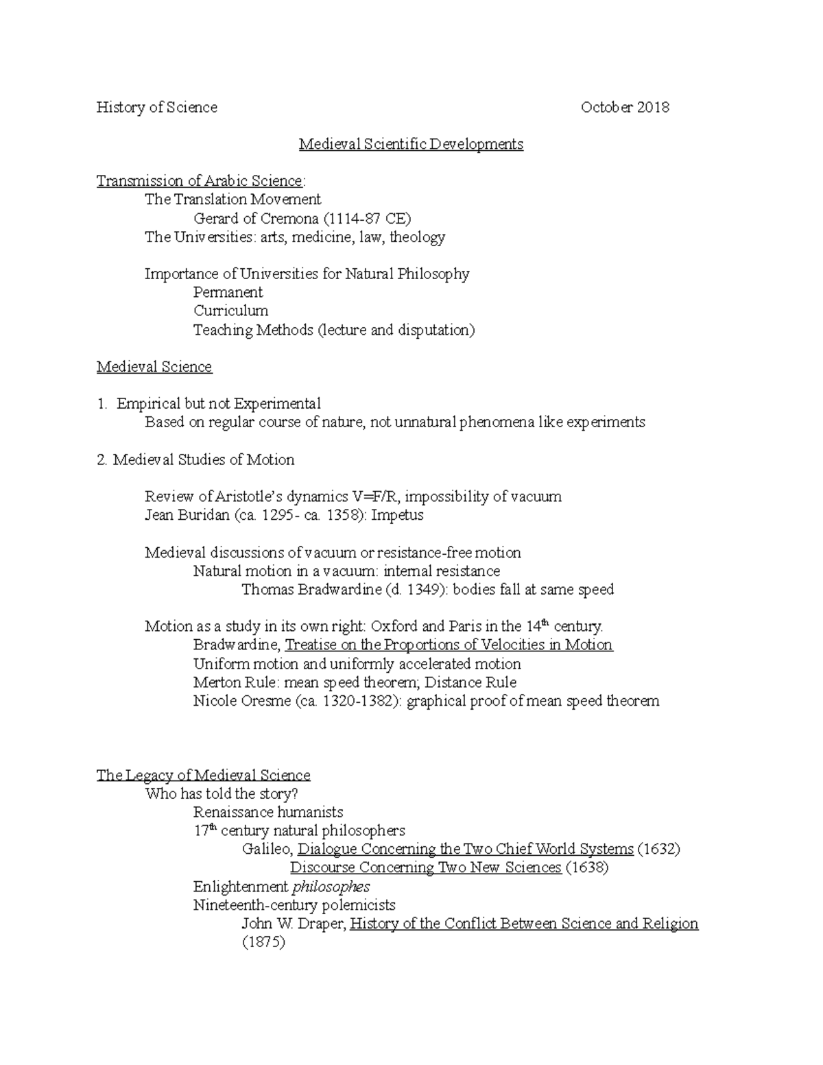 Medievalho - REVIEW NOTES Medieval - History of Science October 2018 ...