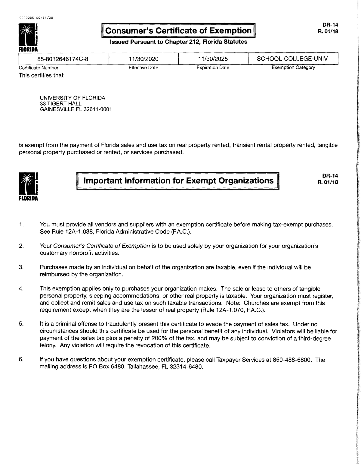 UF Tax Exemption form DR14 expires 11 30 2025 0000085 09/16/ II