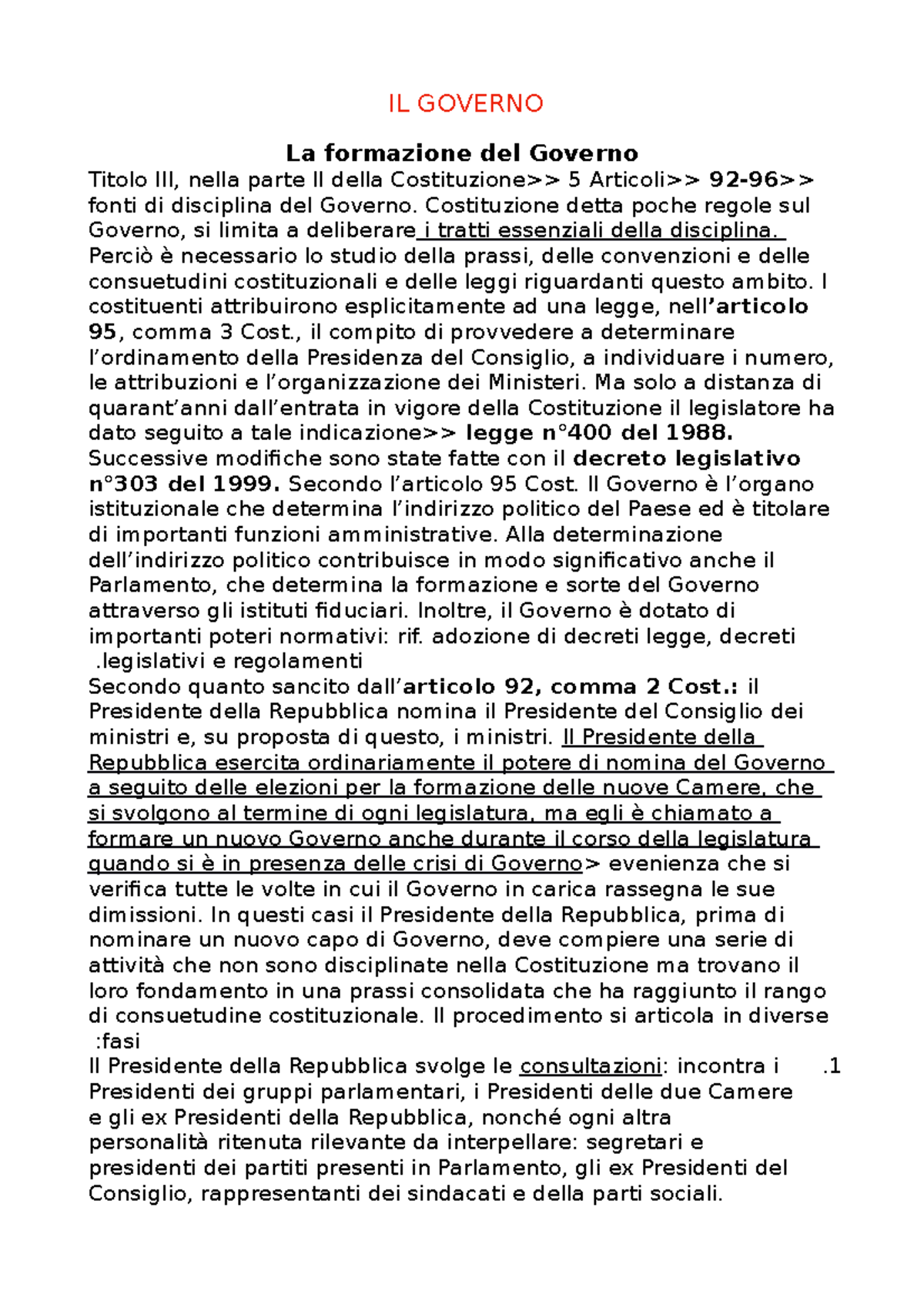 Diritto Costituzionale - IL GOVERNO La Formazione Del Governo Titolo ...