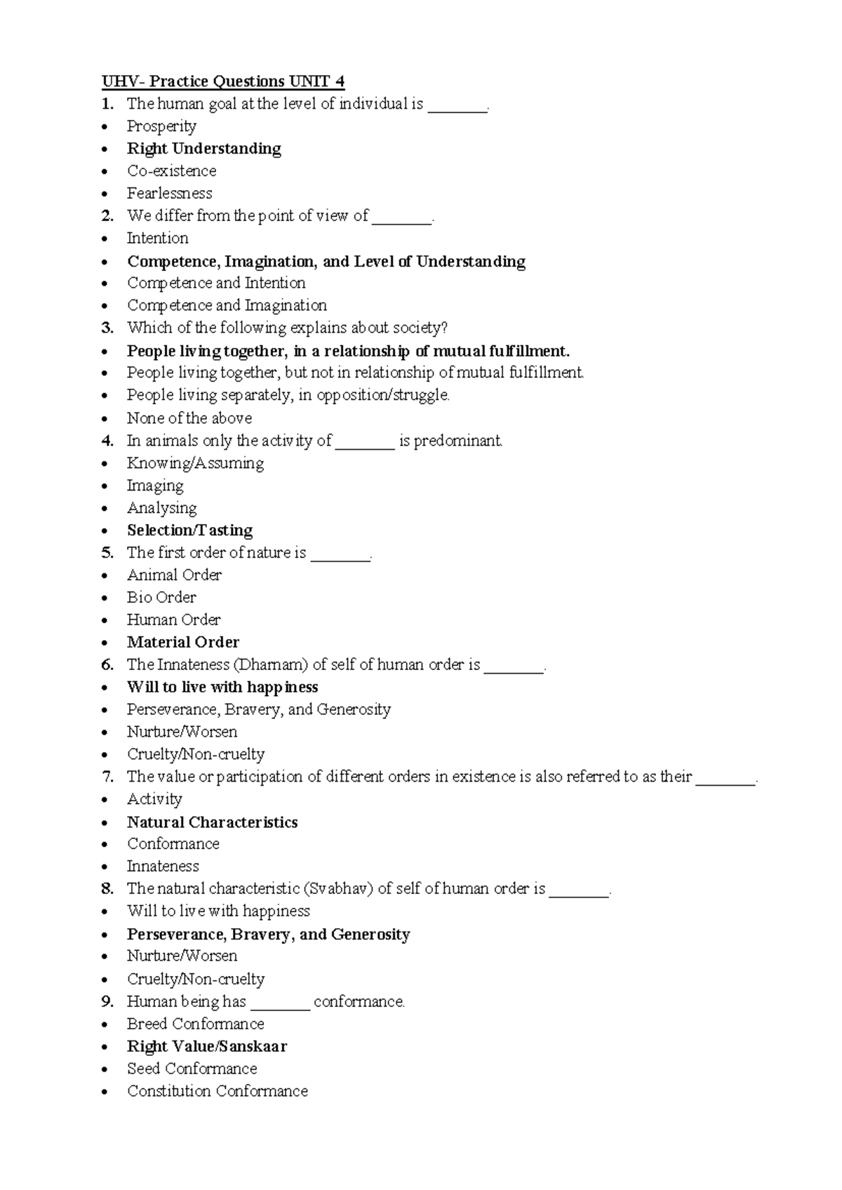 UHV 4 & 5 - Universal human values notes - UHV- Practice Questions UNIT ...