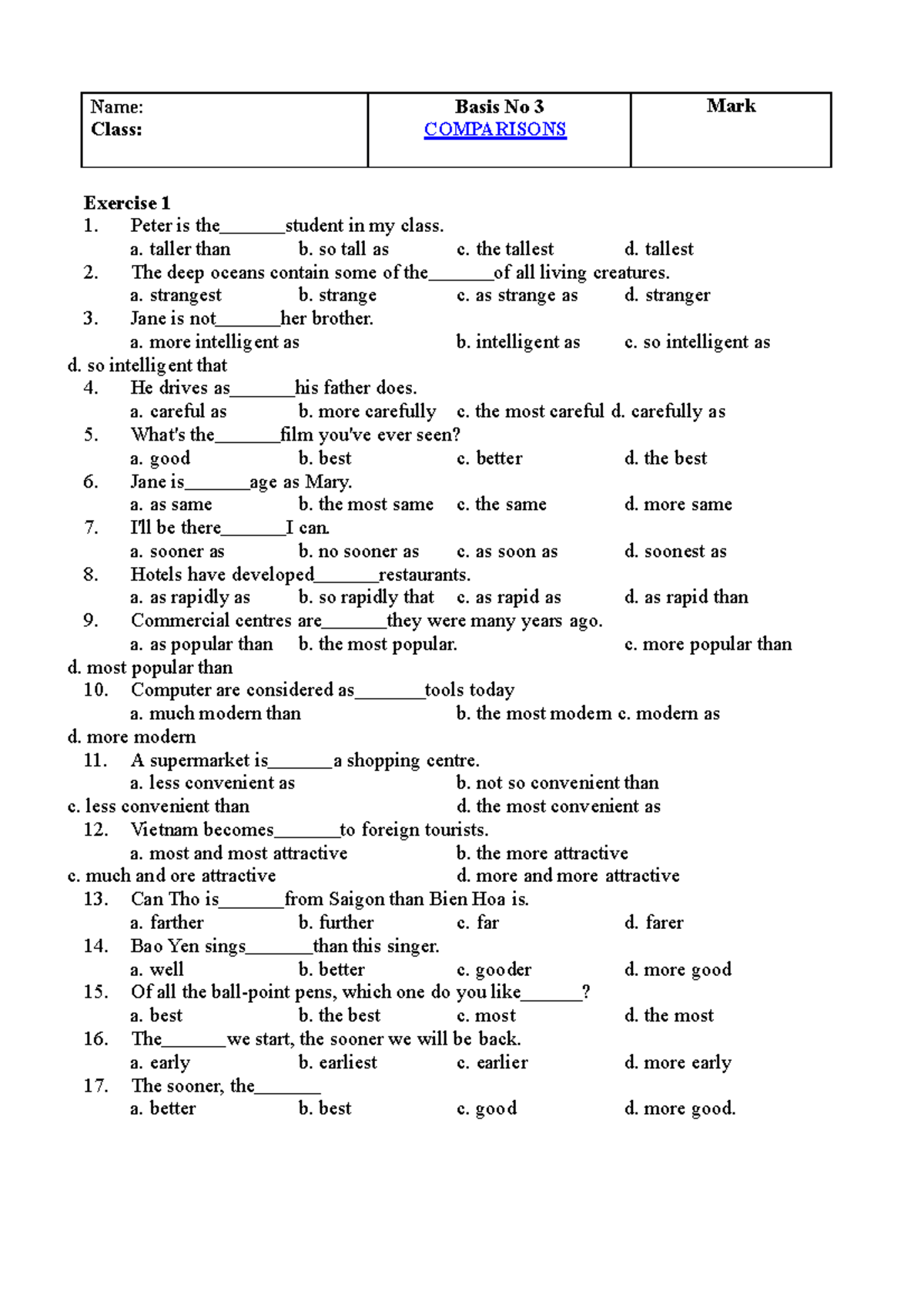 Bai tap trac nghiem cau so sanh trong Tieng Anh co dap an - Name: Class ...