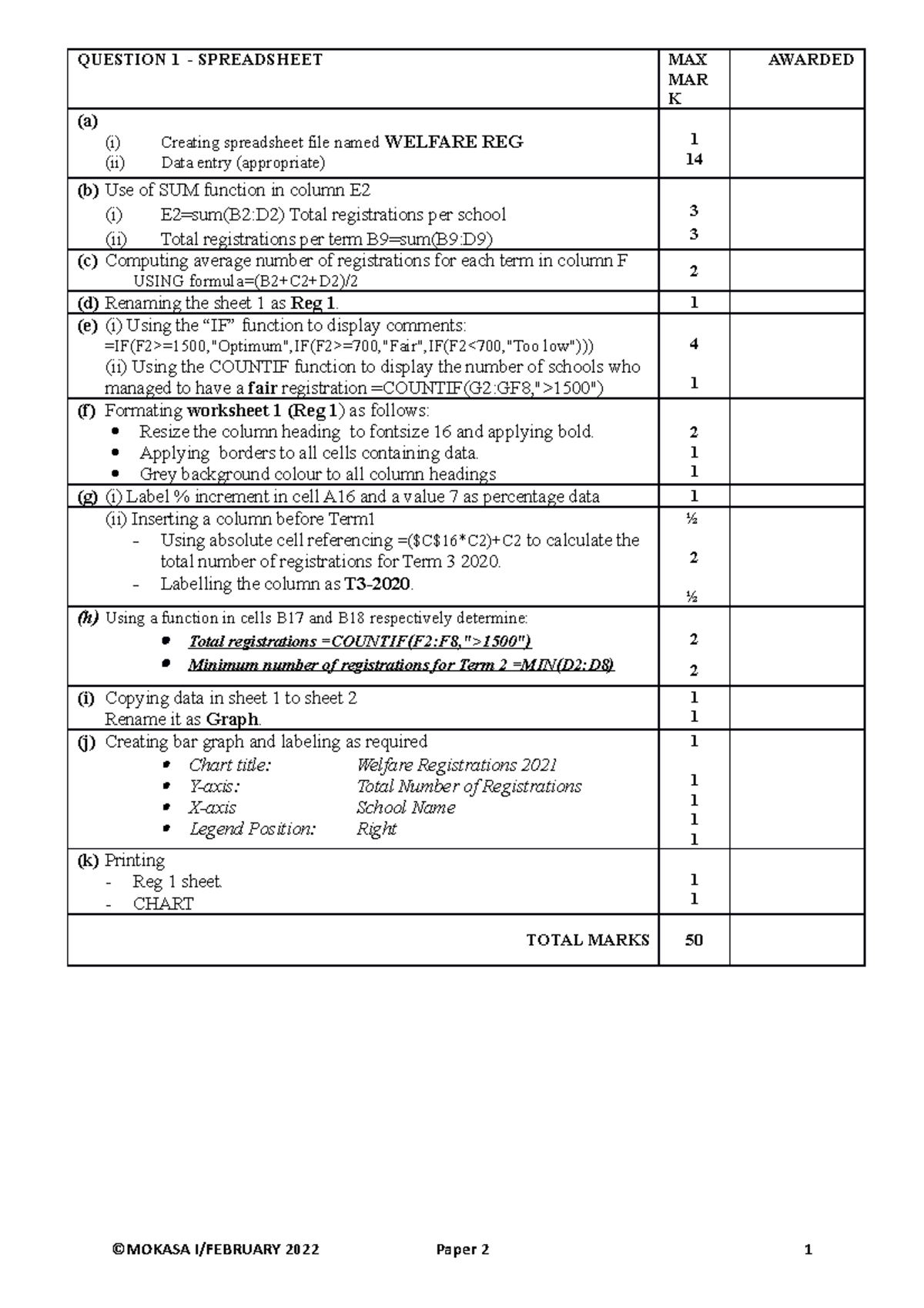 Computer studies paper 1 ms - QUESTION 1 - SPREADSHEET MAX MAR K ...