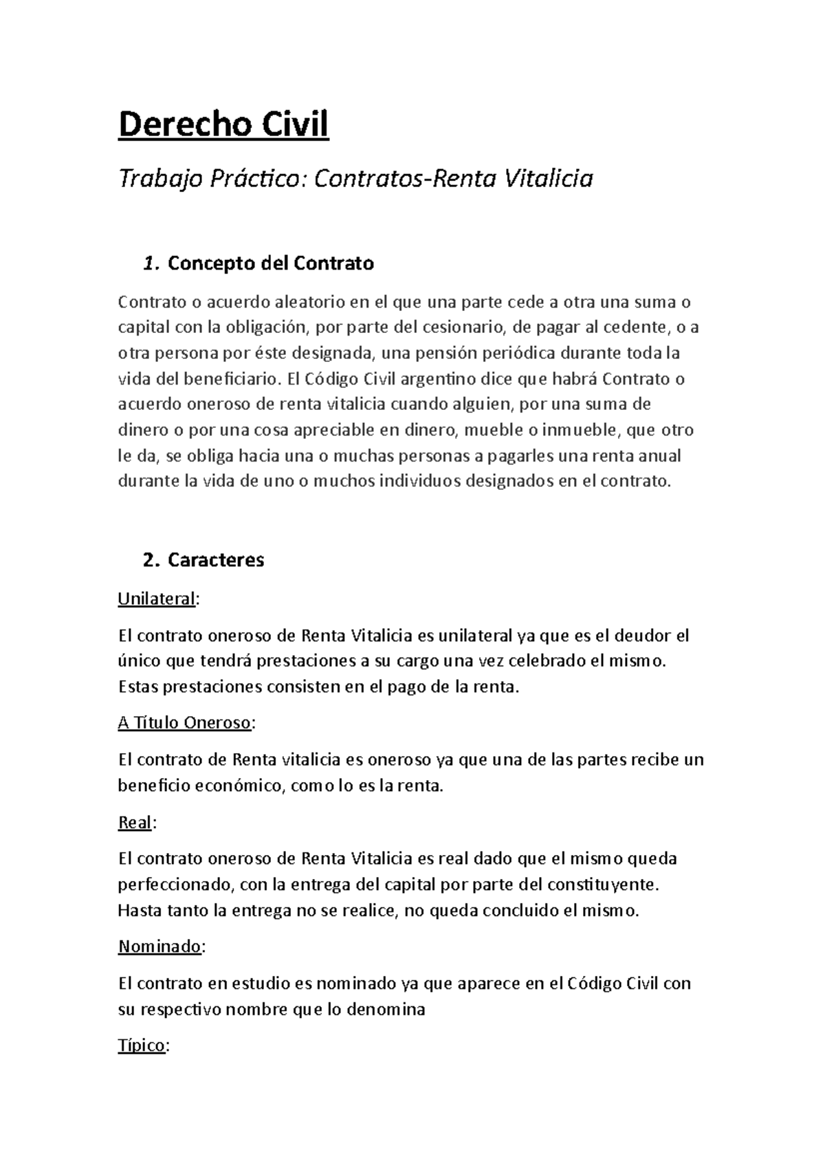 Renta Vitalicia - Derecho Civil - Derecho Civil Trabajo Práctico