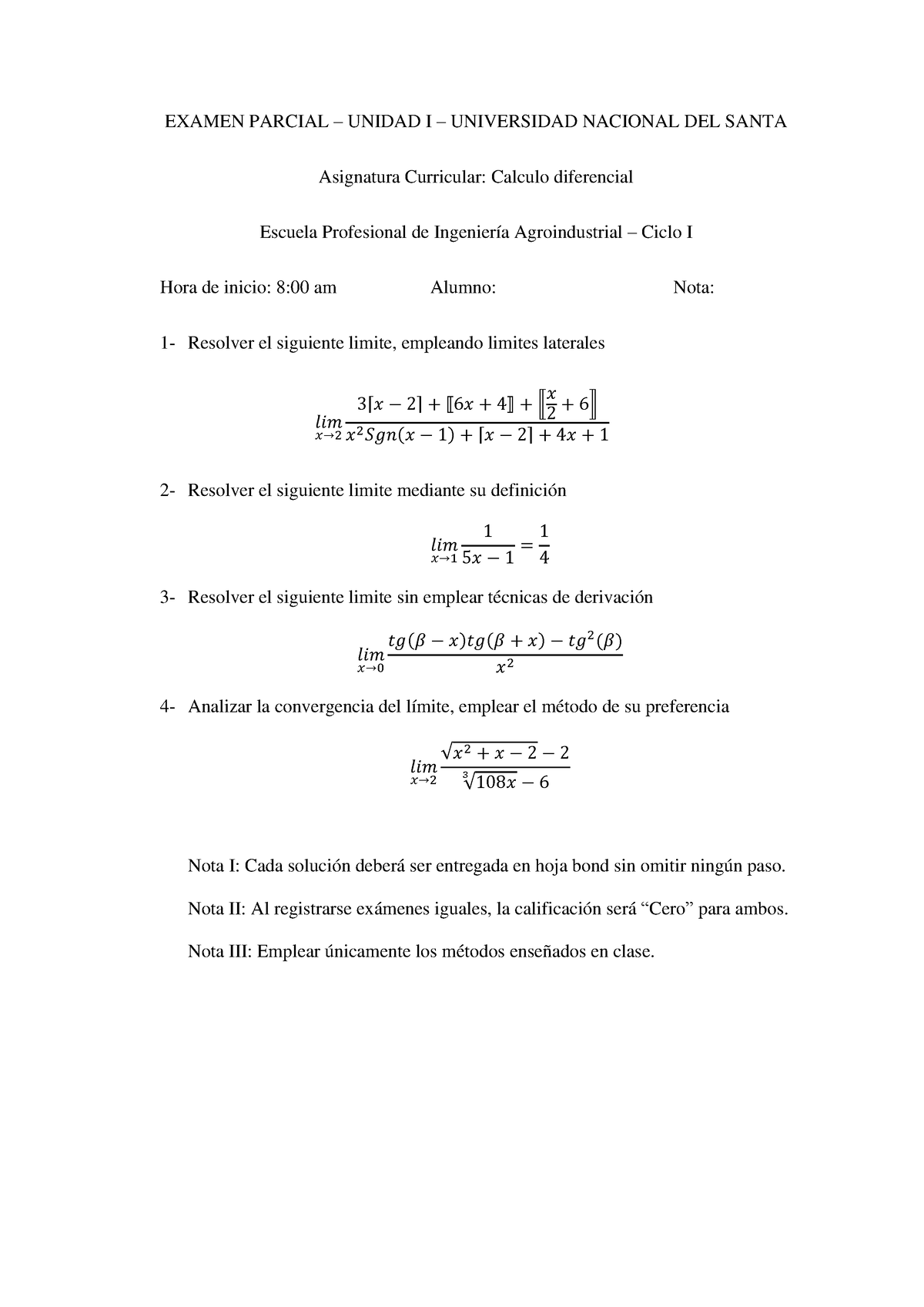 Examen Parcial - Calculo Diferencial - EXAMEN PARCIAL – UNIDAD I ...