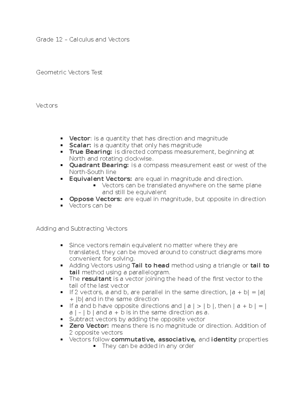 Grade 12 calculus and vectors notes Grade 12 Calculus and Vectors Geometric Vectors Test