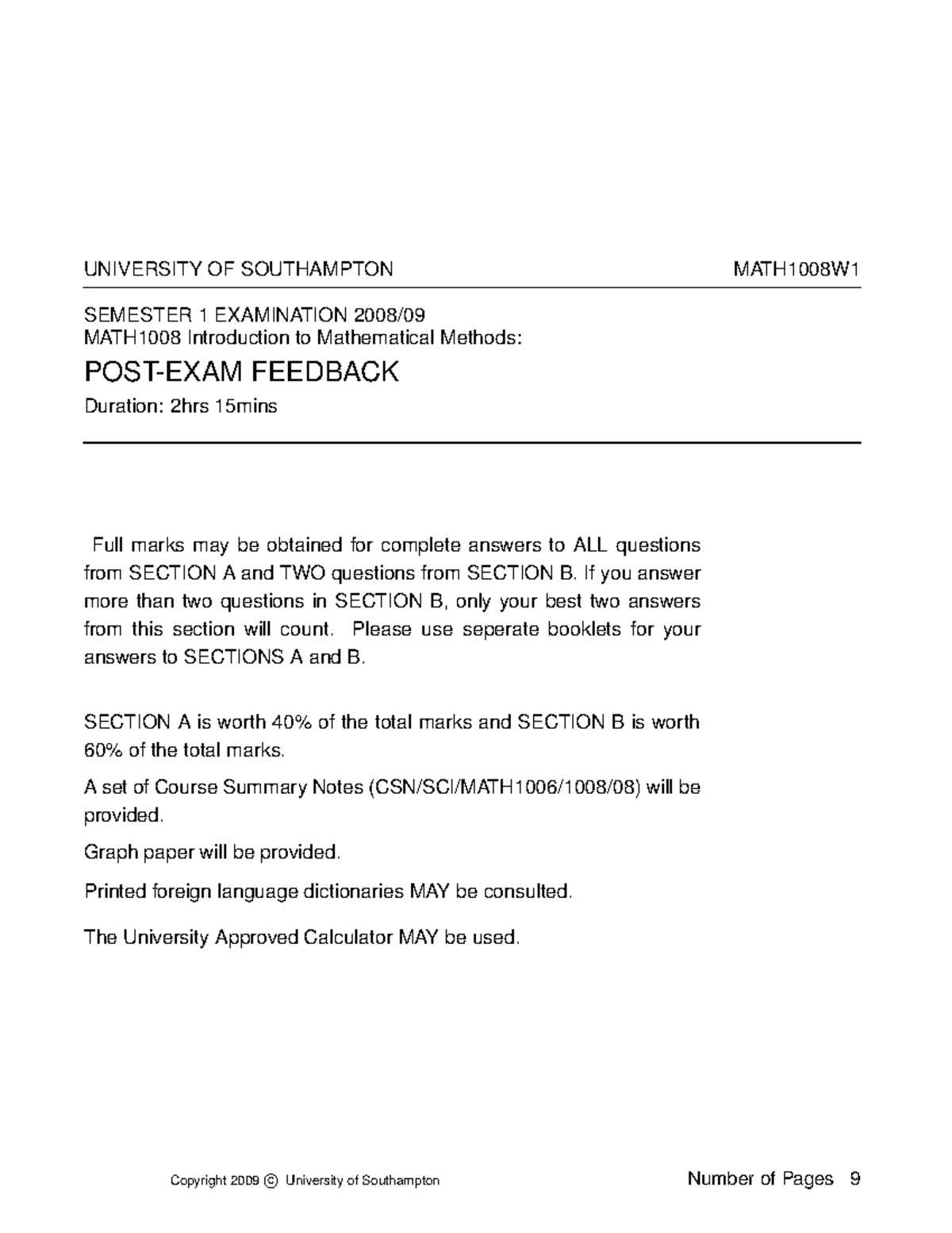 MATH1008 2008 09 01 math1008w1 - UNIVERSITY OF SOUTHAMPTON MATH1008W ...