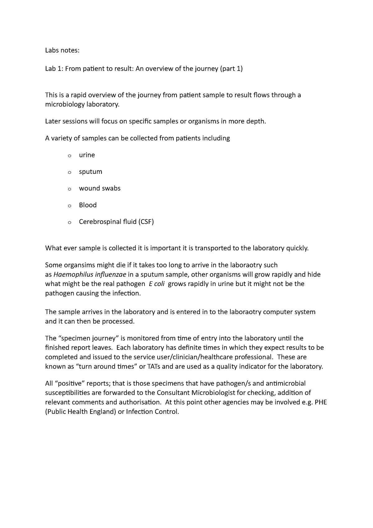 Lab notes - ####### Labs notes: ####### Lab 1: From patient to result ...