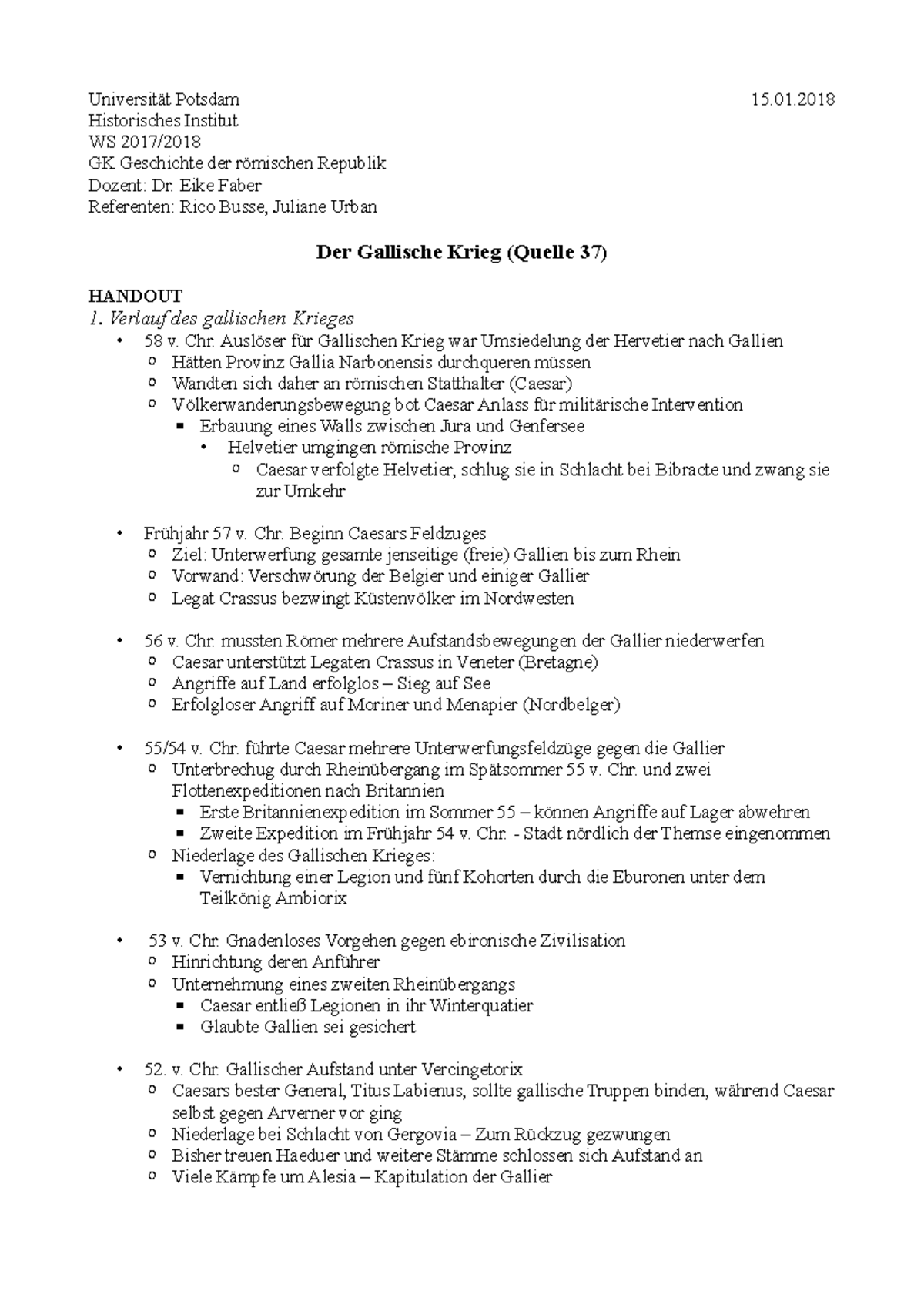 Gallischer Krieg Handout Gesba004 Potsdam Historisches Institut Ws Gk Geschichte Der Republik Dozent Dr Eike Faber Referenten Rico Busse Juliane Urban 15 01 Studocu