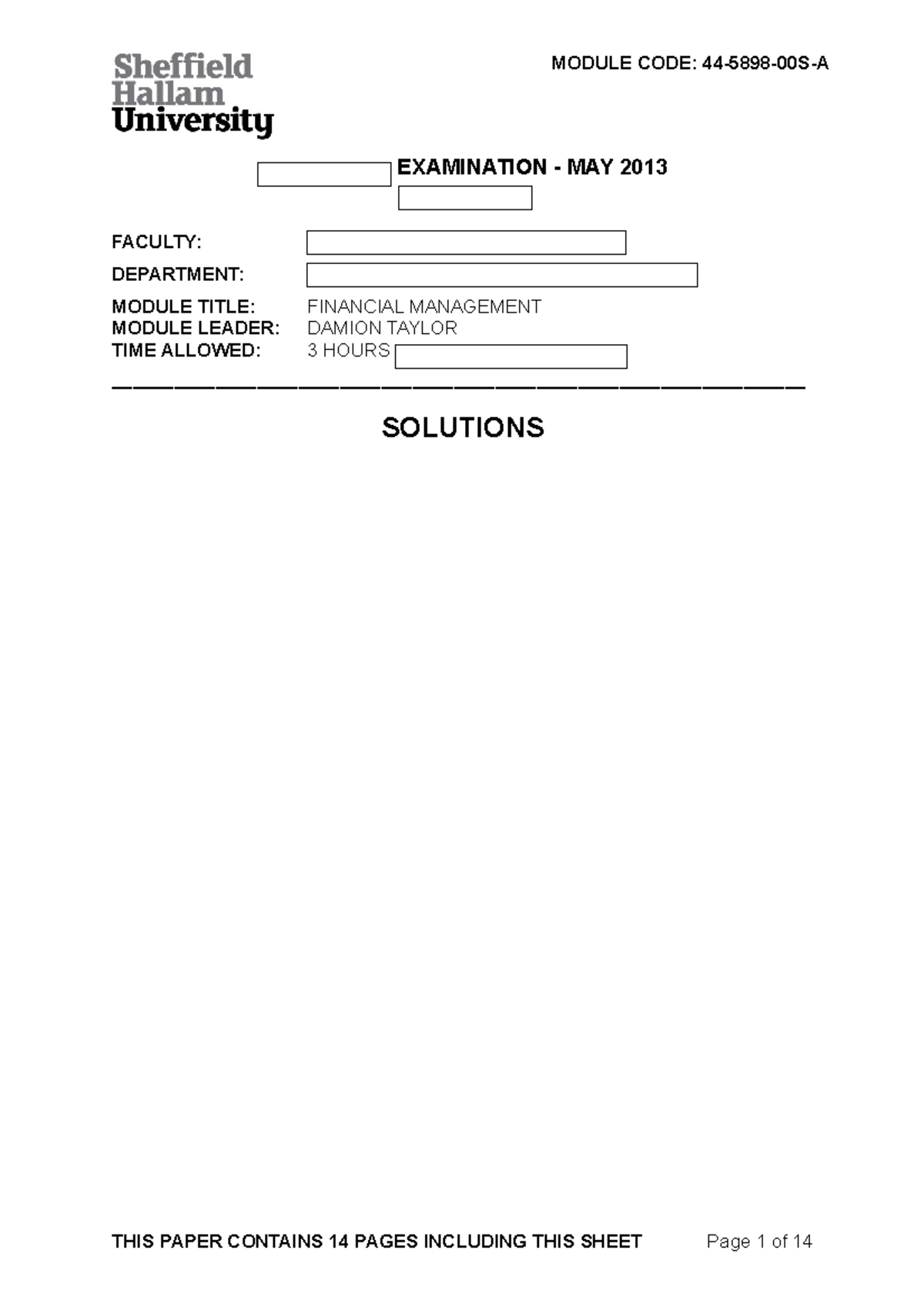 Exam 1 2017, answers - MODULE CODE: SEMESTER TWO EXAMINATION MAY 2013 ...