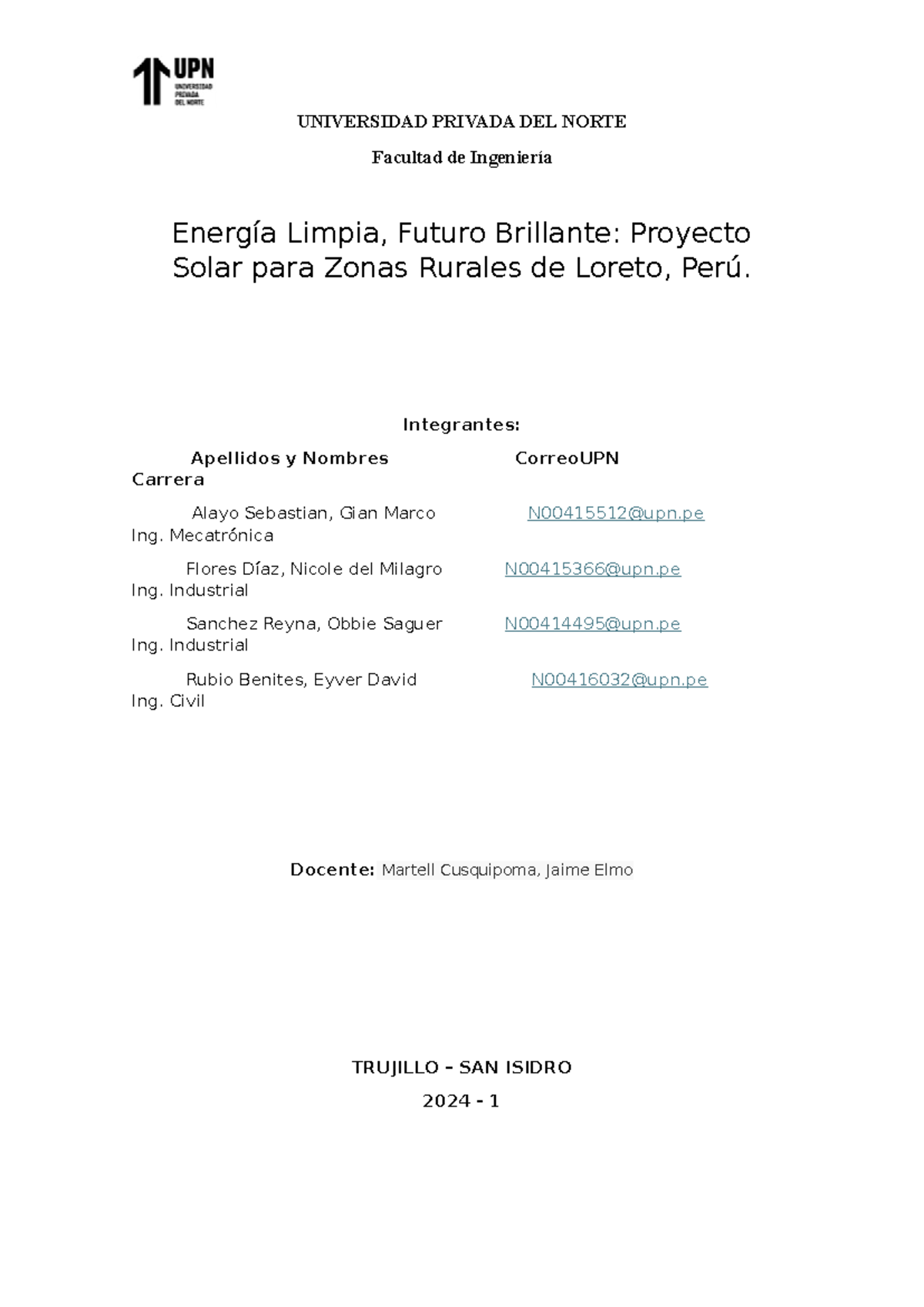 Proyecto De Energia Solar Complemento Mat Universidad Privada Del