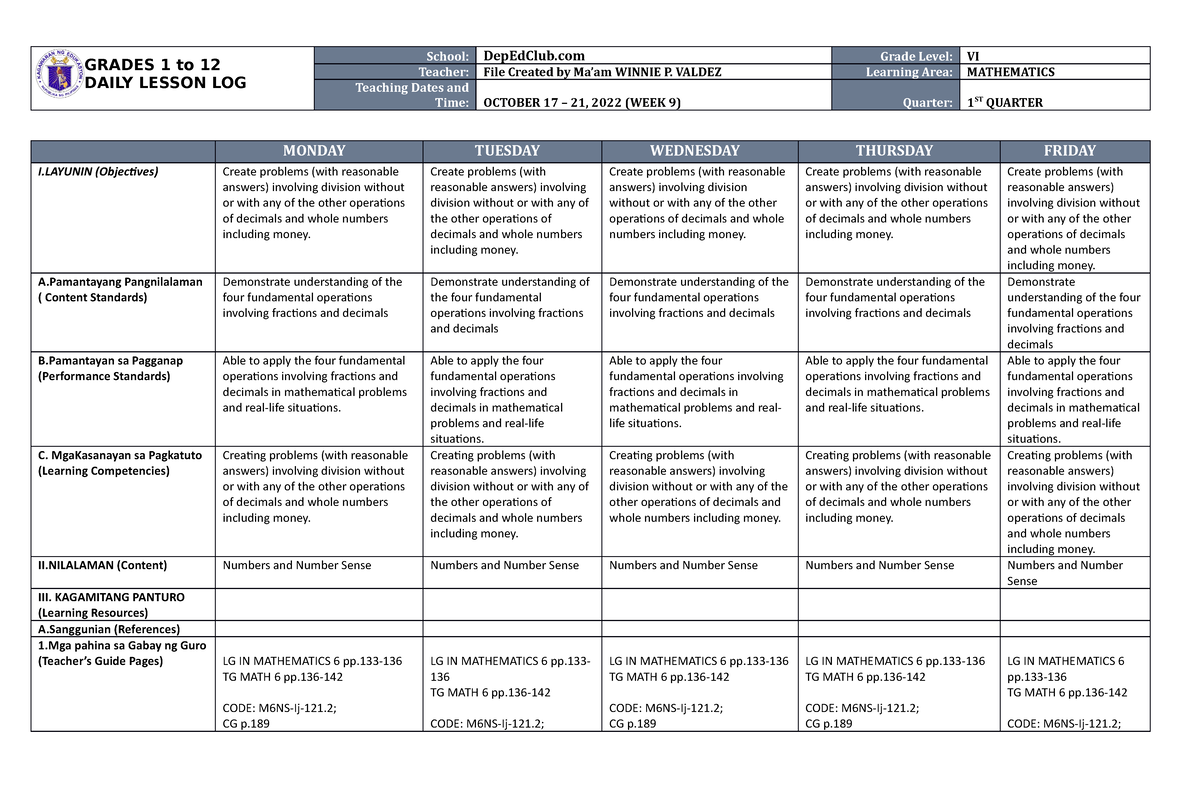 DLL Mathematics 6 Q1 W9 - dll - GRADES 1 to 12 DAILY LESSON LOG School ...