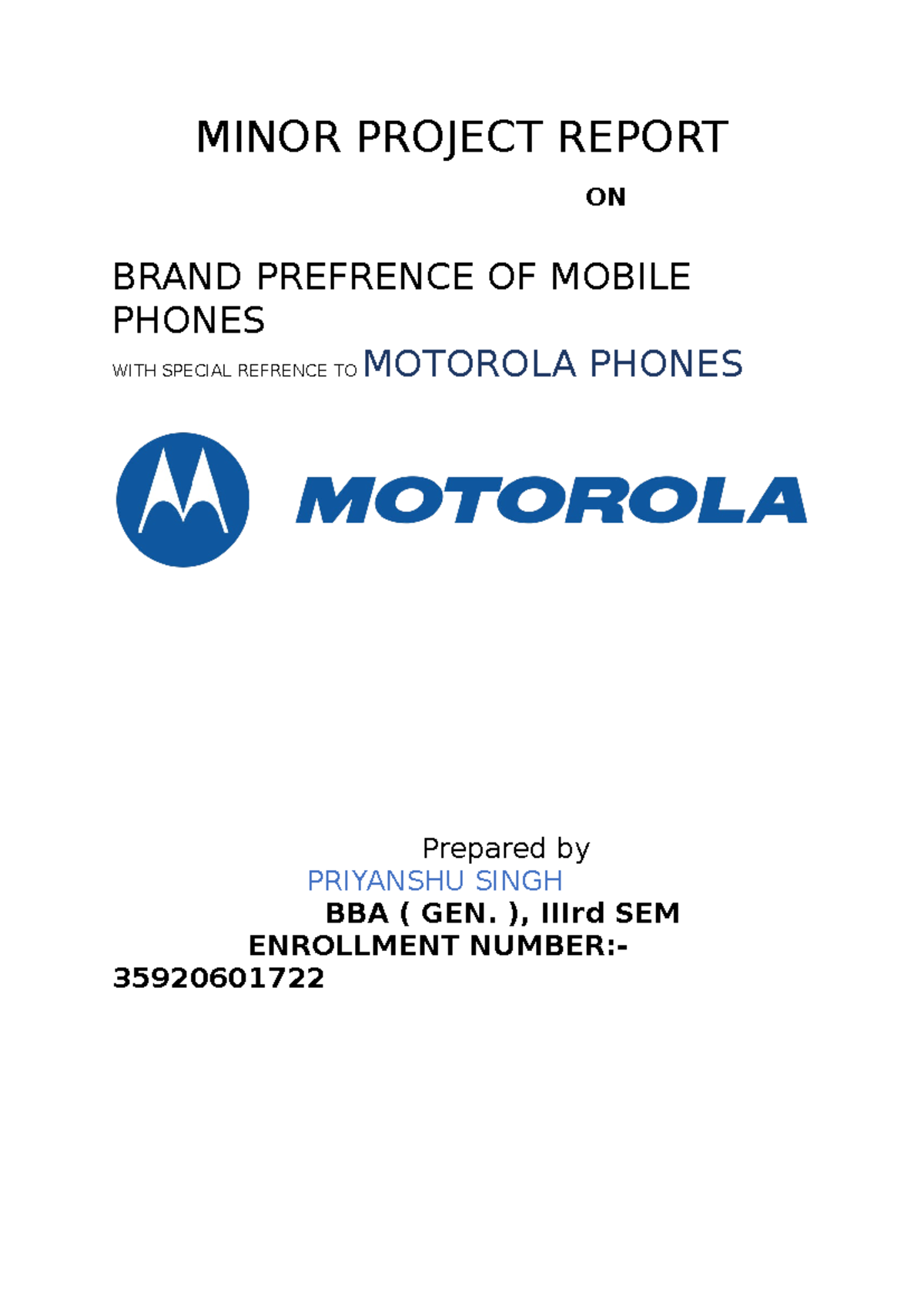 Minor Project Report 2 - MINOR PROJECT REPORT ON BRAND PREFRENCE OF ...