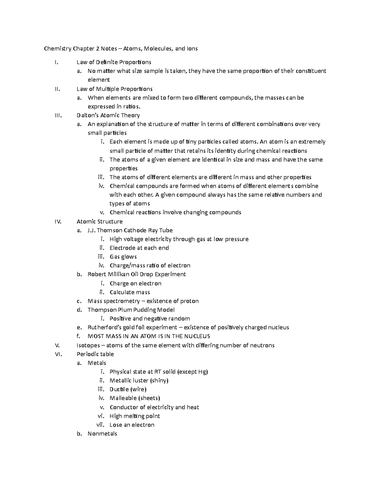 Ch. 2 notes - Kimberley Broekemiere - Chemistry Chapter 2 Notes – Atoms ...