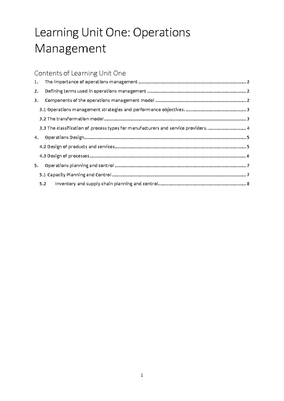 LU1 Notes Template 2022 - Learning Unit One: Operations Management The ...