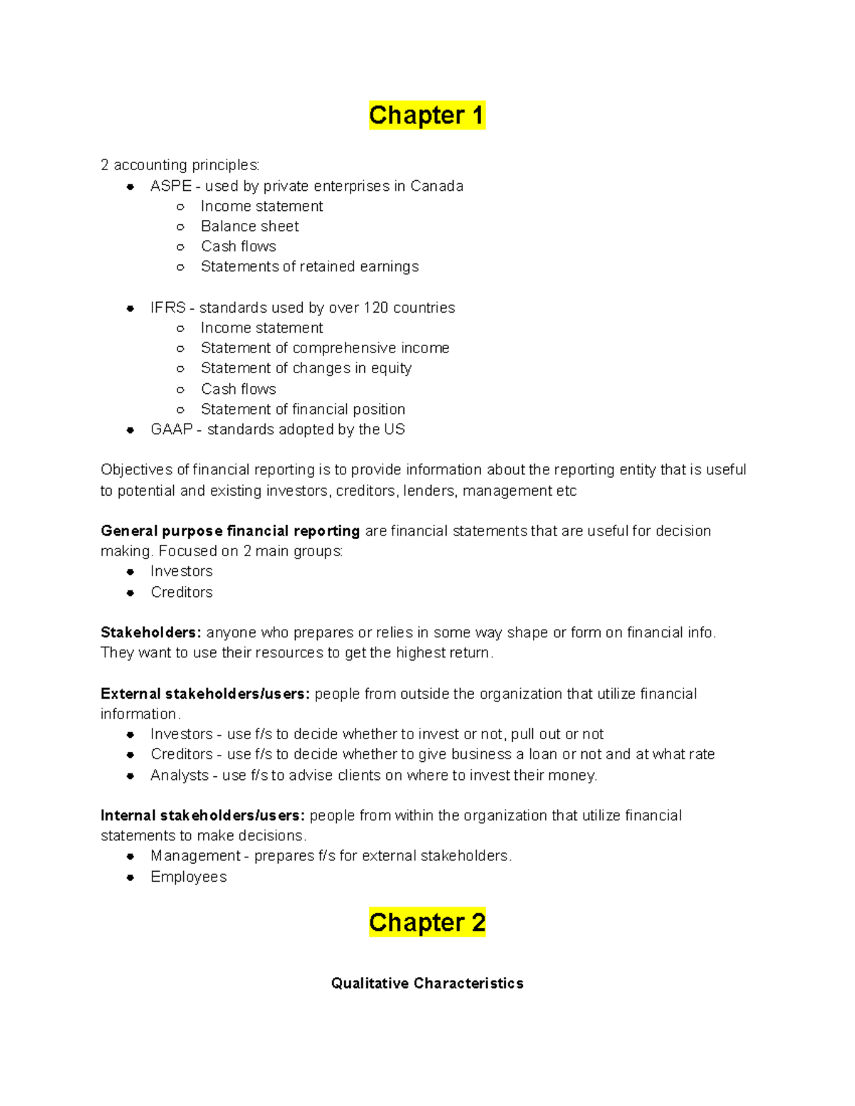 AFA300 Notes - Chapter 1 2 Accounting Principles: ASPE - Used By ...