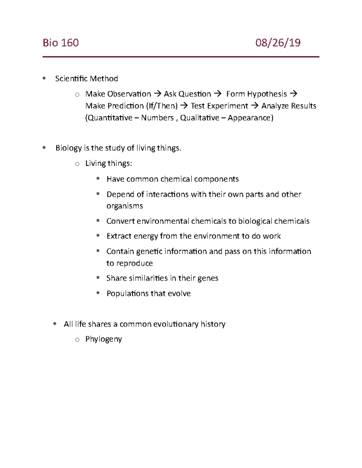 08:26:19 - 8/26/19 Notes - Bio 160 08/26/ Scientific Method o Make ...