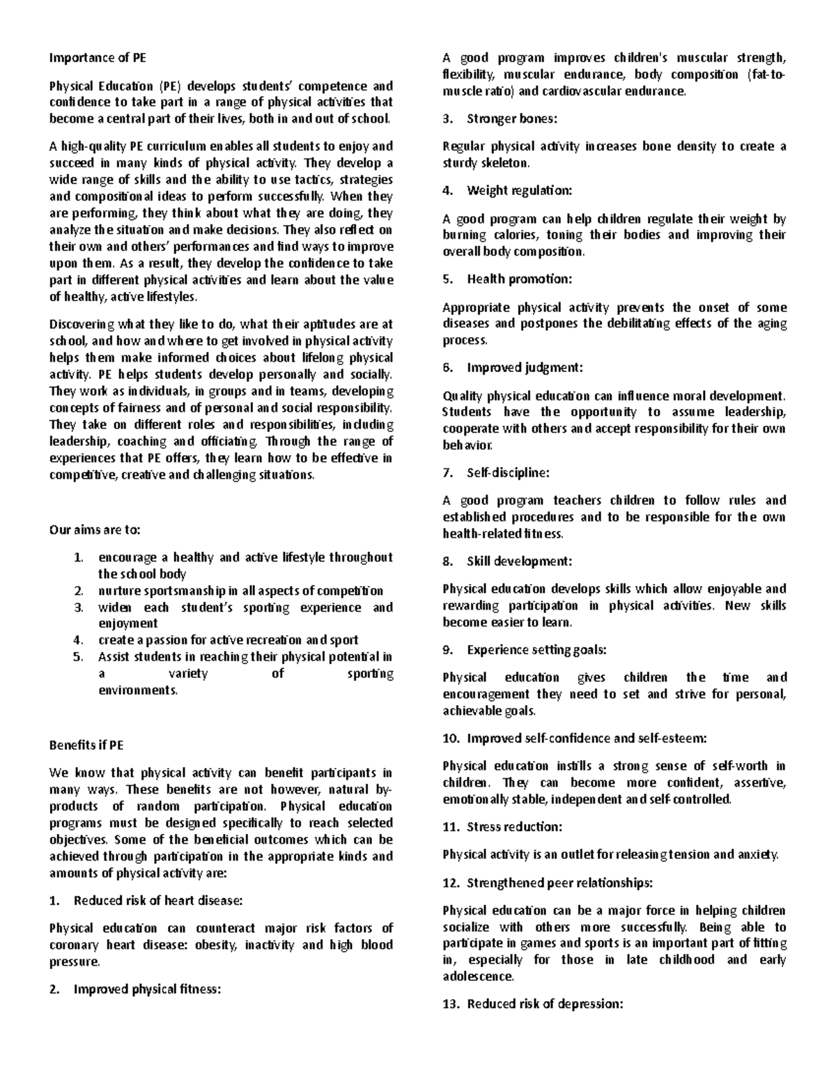 PE 4 Prelim Notes - Importance of PE Physical Education (PE) develops ...