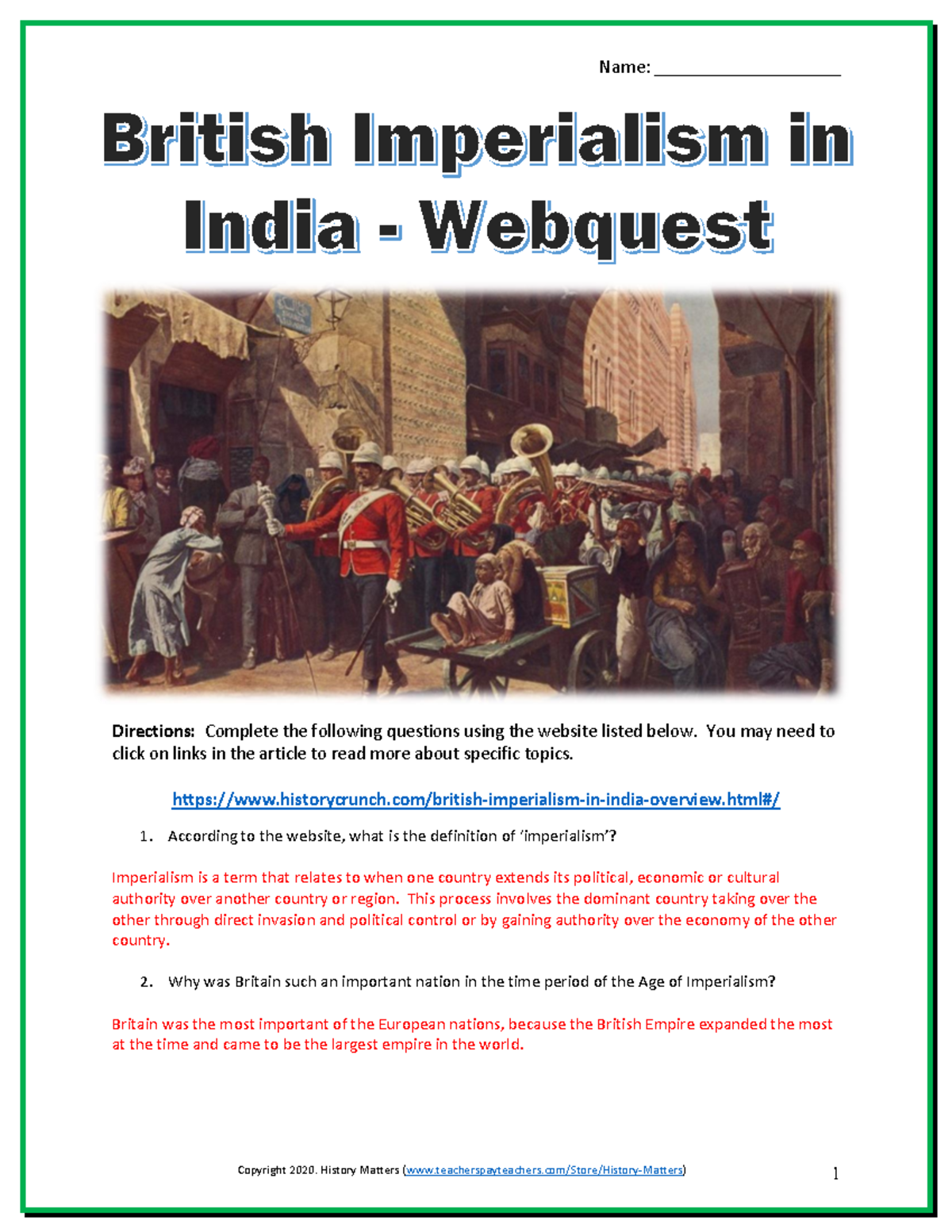 British Imperialism in India Webquest KEY - Directions: Complete the ...