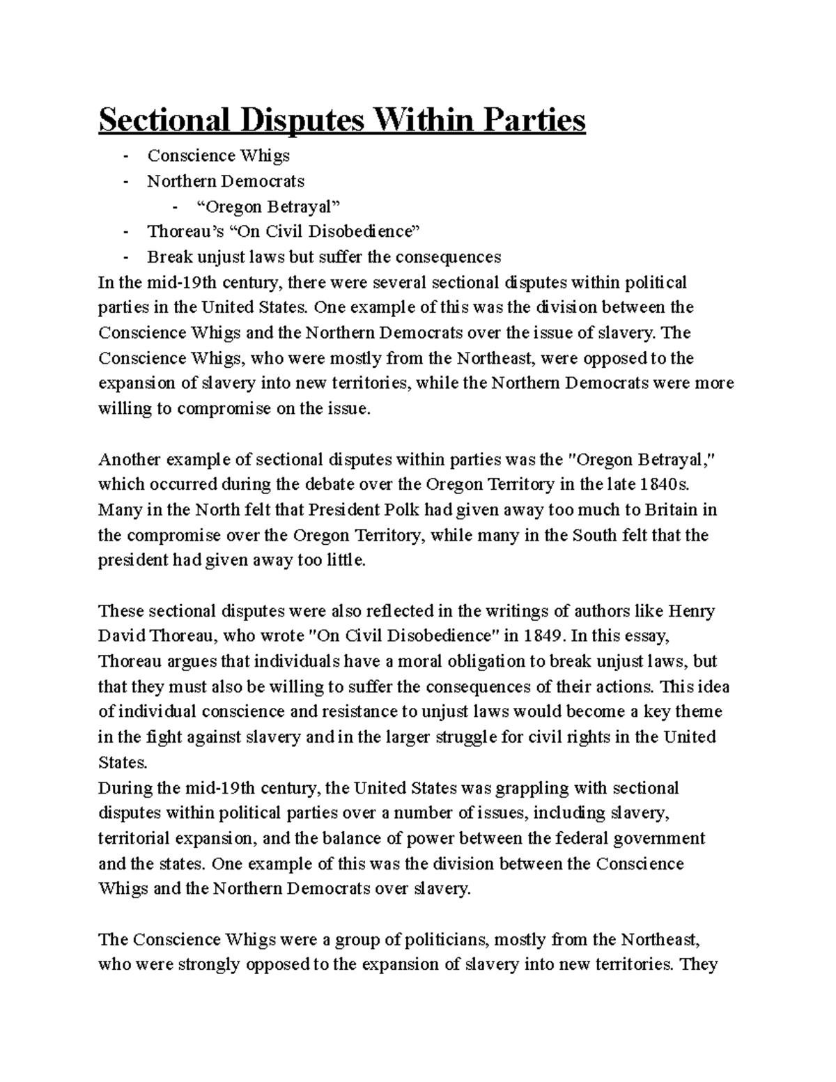 Sectional Disputes Within Parties influence in the US Sectional Disputes Within Parties