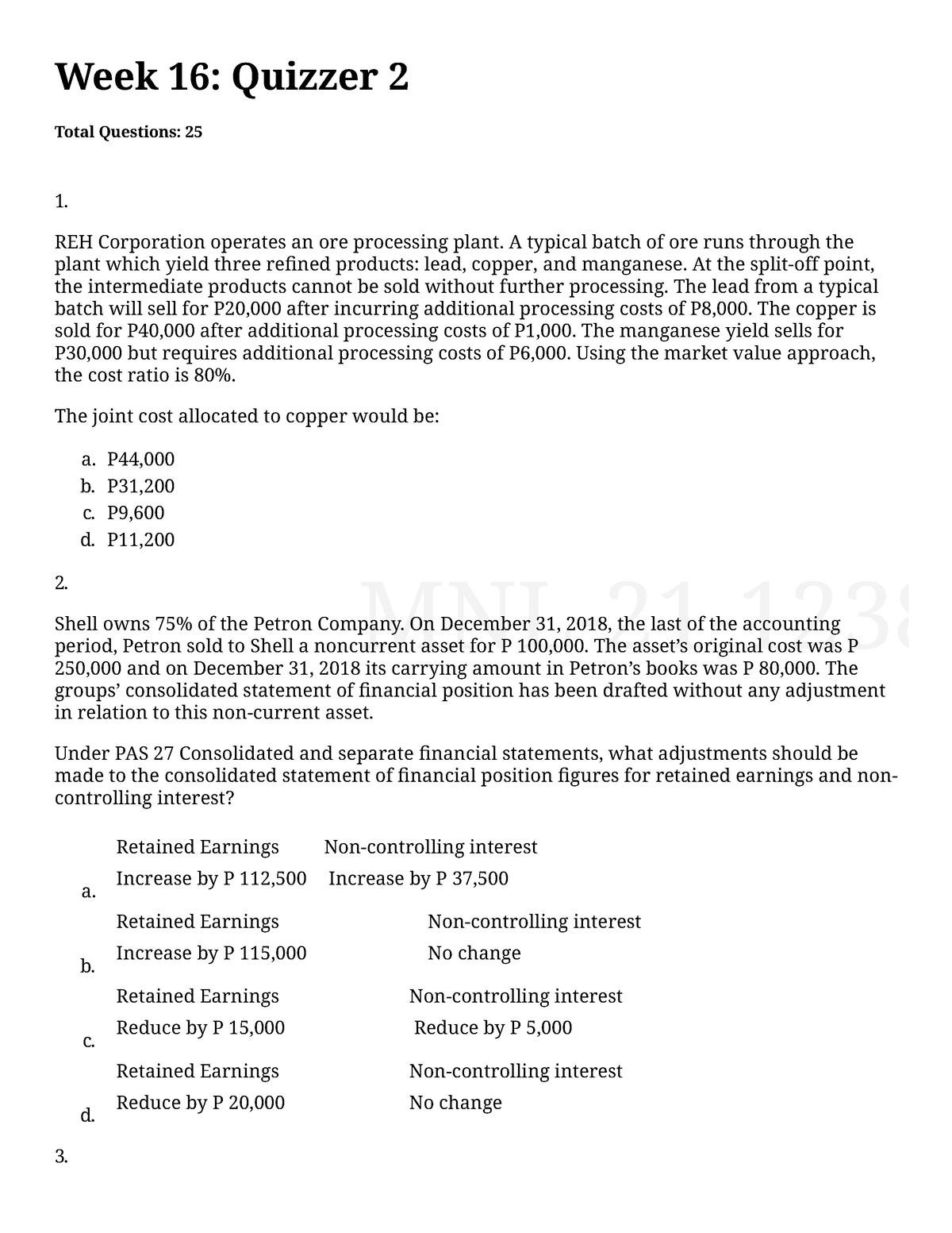 Week 16 Q2 Advance Accounting And Reporting - Week 16: Quizzer 2 Total ...