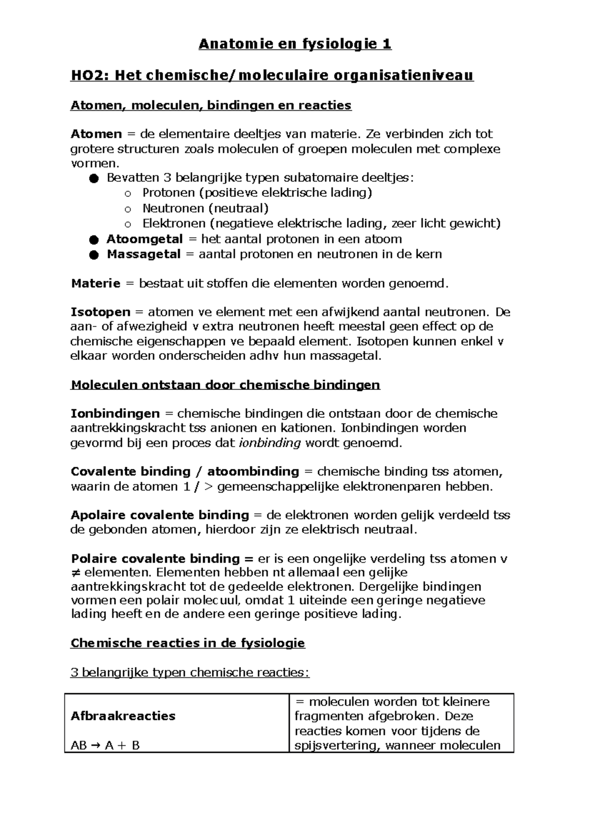 Anatomie En Fysiologie 1, Hoofdstuk 2 - Anatomie En Fysiologie 1 HO2 ...