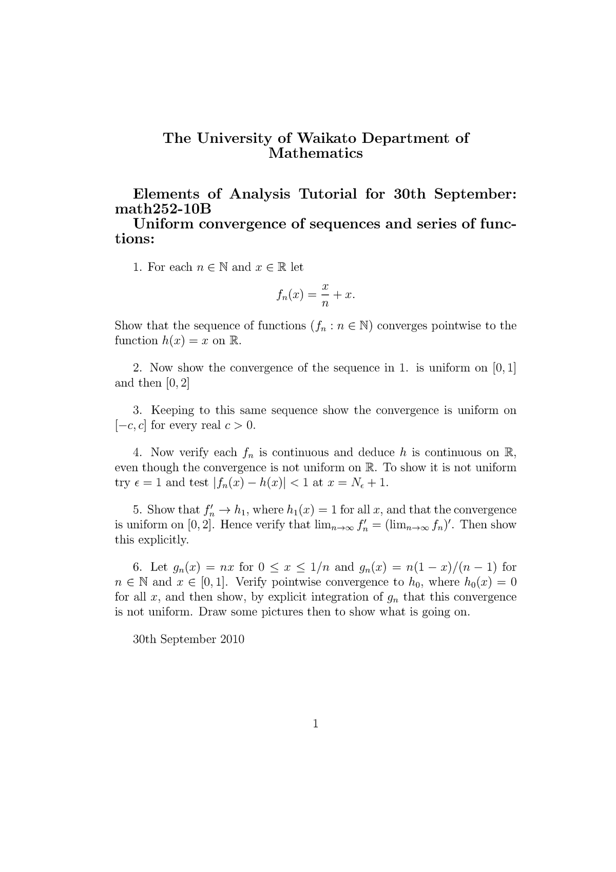 Tutorial 6 Uniform Convergence Of Sequences Of Functions The University Of Studocu